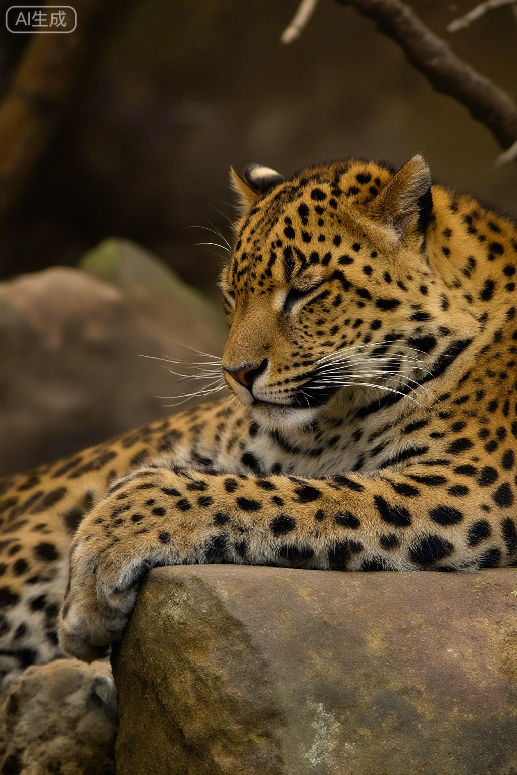 masterpiece, , The image shows a leopard resting on a rock. The leopard has a distinctive coat with a pattern of dark spots on a golden-yellow background. Its eyes are closed, and it appears to be in a relaxed state, lying comfortably. The background consists of a natural setting with rocks and branches, suggesting an outdoor environment, possibly a zoo or a wildlife reserve. The lighting is soft, creating a serene atmosphere.