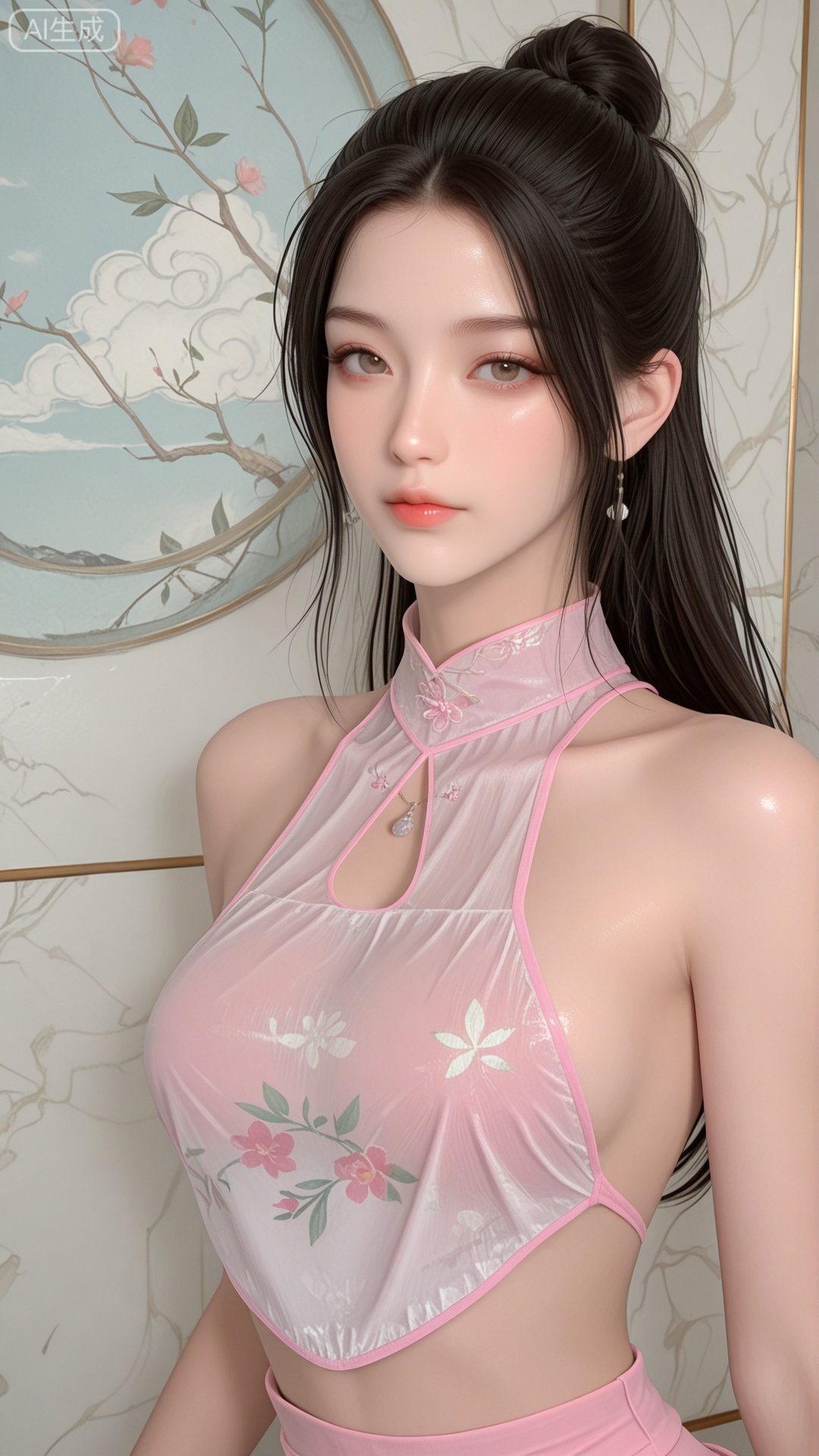 1girl, solo, pink see-through round dudou, exquisite skin, upper_body, looking at viewer, even illumination, very awa, Solid Glossy and cloud background,