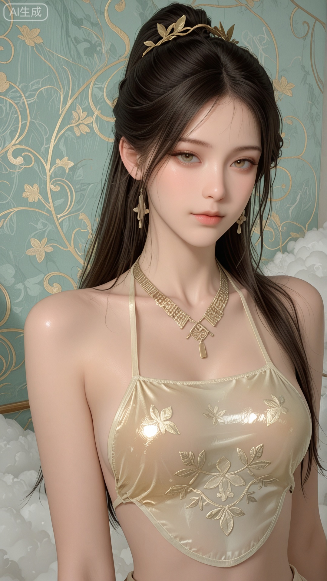 1girl, solo,sparkling And golden see-through round dudou, exquisite skin, upper_body, looking at viewer, even illumination, very awa, Solid Glossy and cloud background,