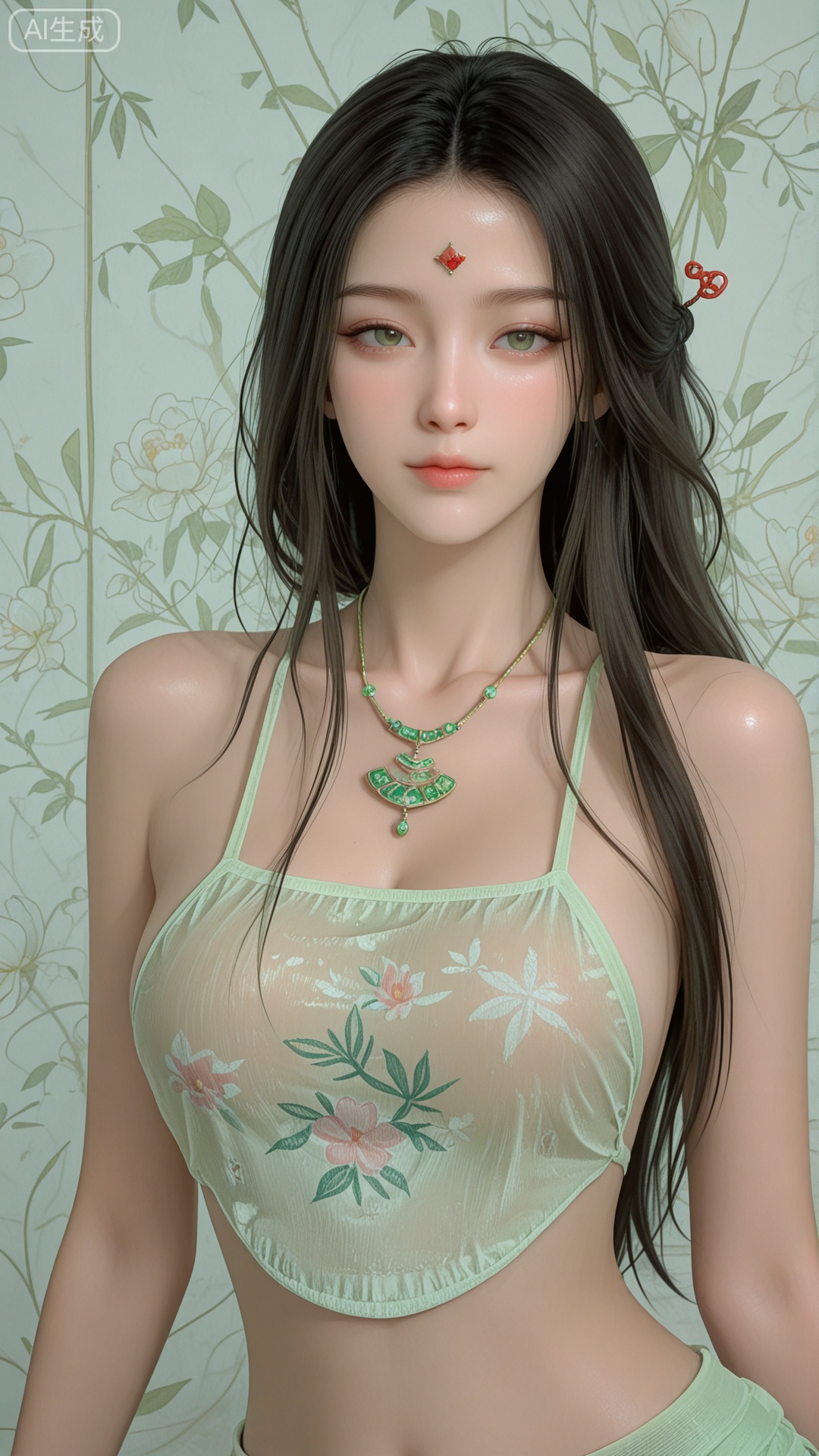 1girl, SX2 clothes, ornament, solo,green see-through round dudou, exquisite skin, upper_body, looking at viewer, even illumination, very awa, Solid Glossy and cloud background,