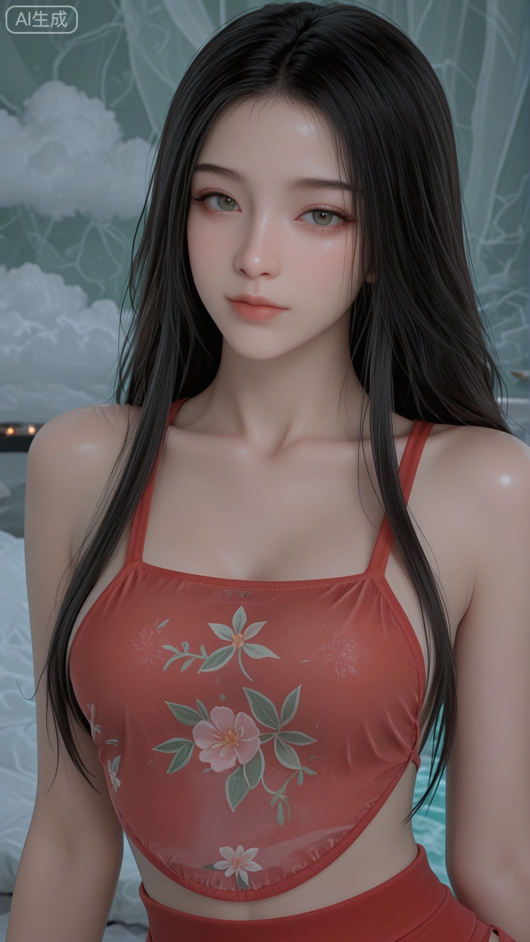 1girl, solo,red see-through round dudou, exquisite skin, upper_body, looking at viewer, even illumination, very awa, Solid Glossy and cloud background