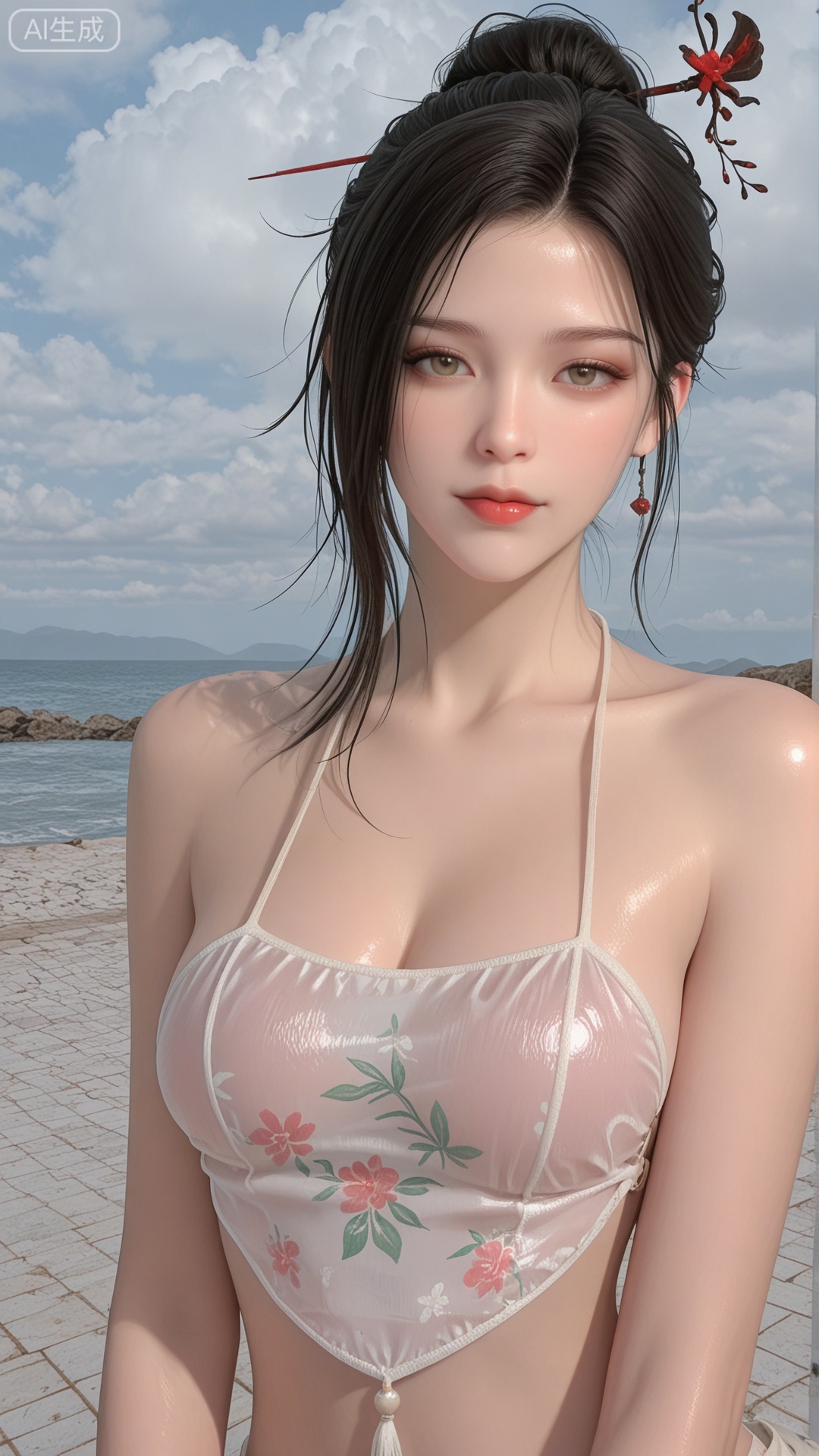 1girl, solo,sparkling And silvery see-through round dudou, exquisite skin, upper_body, looking at viewer, even illumination, very awa, Solid Glossy and cloud background,