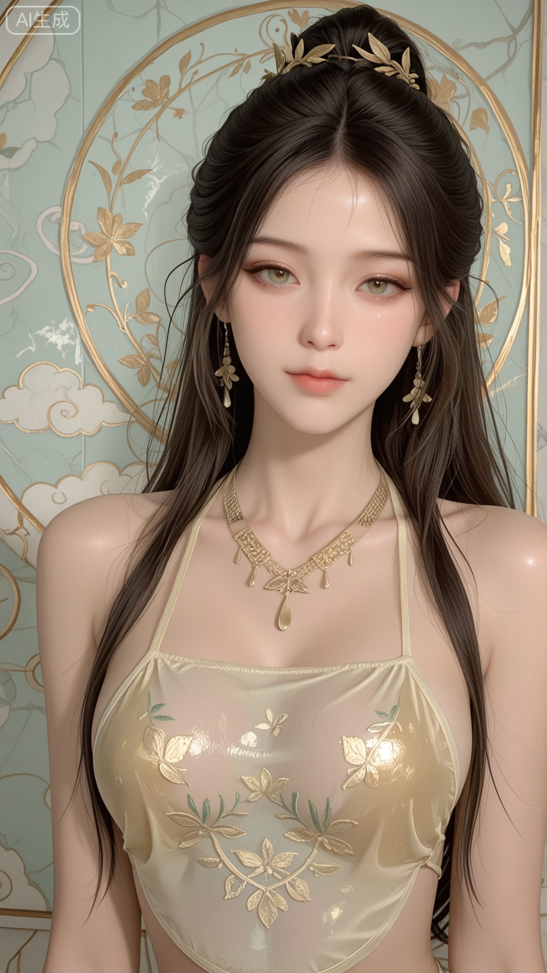 1girl, solo,sparkling And golden see-through round dudou, exquisite skin, upper_body, looking at viewer, even illumination, very awa, Solid Glossy and cloud background,