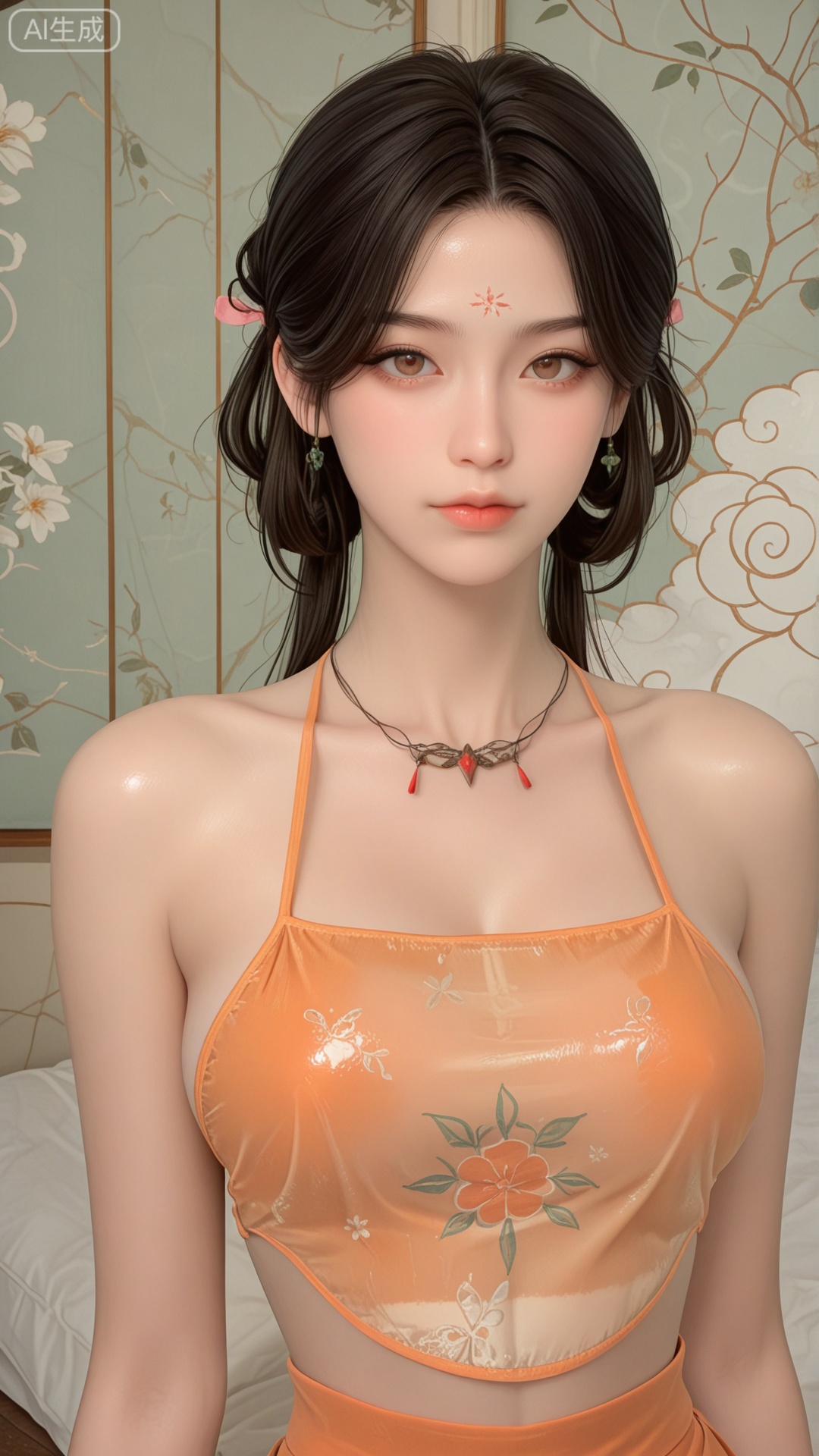 1girl, solo, orange see-through round dudou, exquisite skin, upper_body, looking at viewer, even illumination, very awa, Solid Glossy and cloud background,