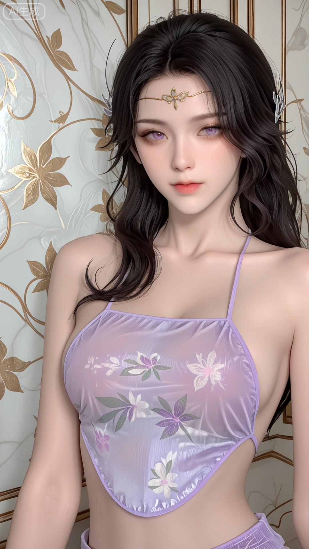 1girl, solo, Purple see-through round dudou, exquisite skin, upper_body, looking at viewer, even illumination, very awa, Solid Glossy and cloud background,
