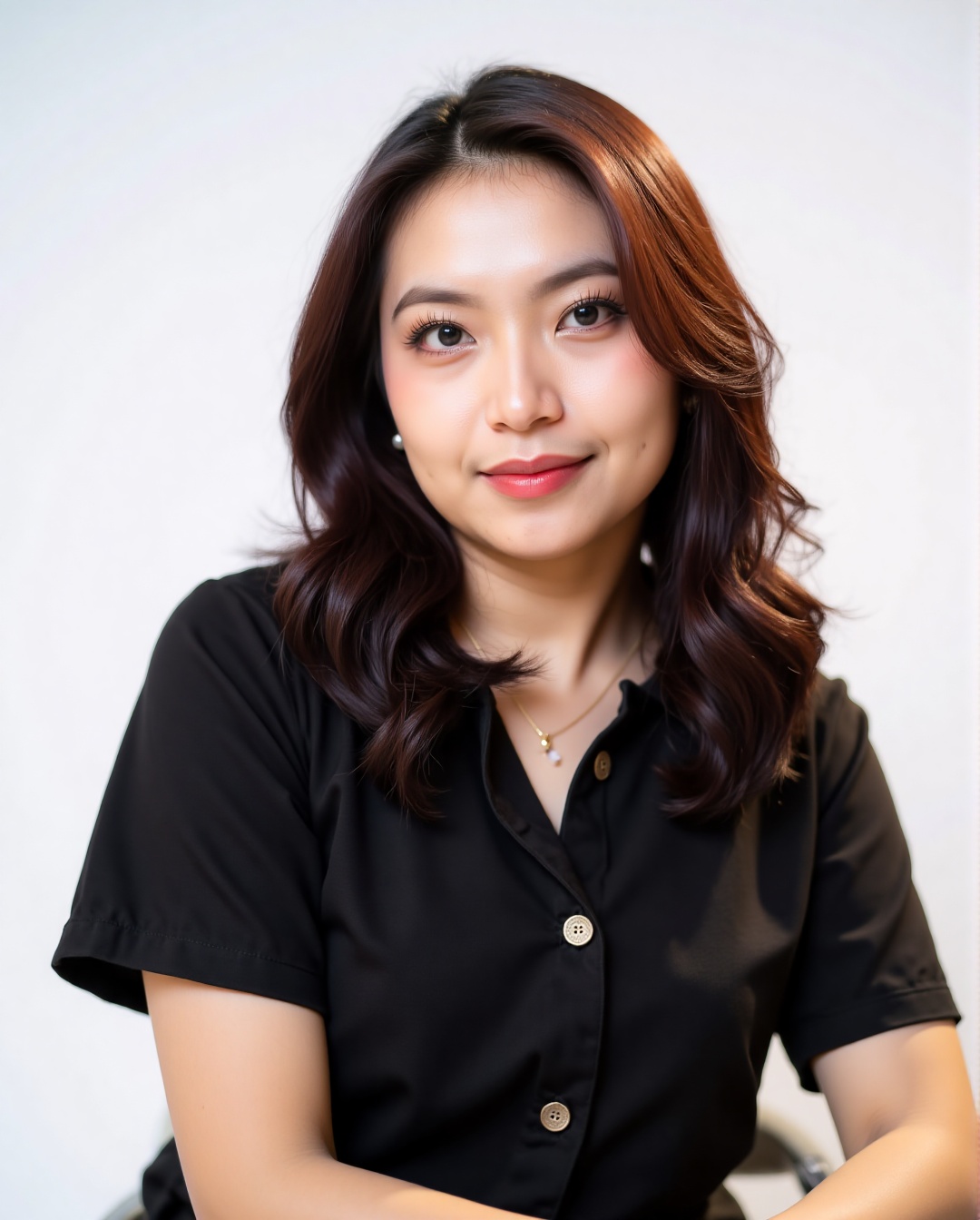 Close-up shot of a woman with natural makeup,  wearing a black buttoned short sleeve blouse. The image features a flat whi...