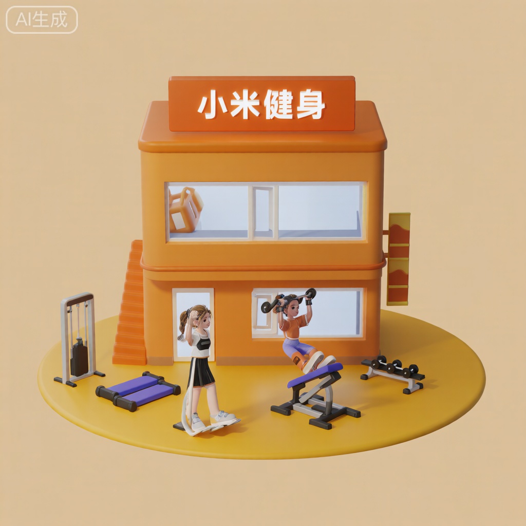 一个健身房,女孩在健身,特写,门头文字"小米健身",广角,俯视感