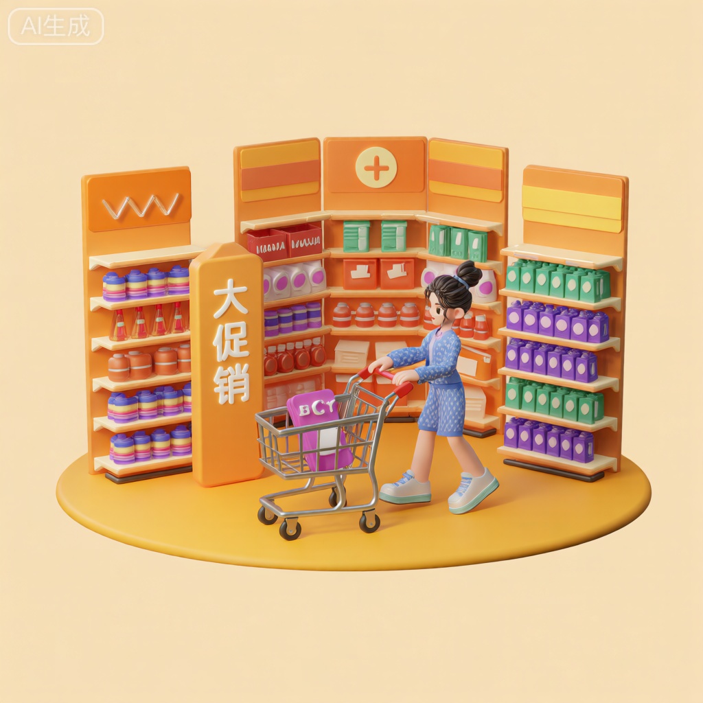 购物超市,货架,美女推着购物车,文字"大促销"