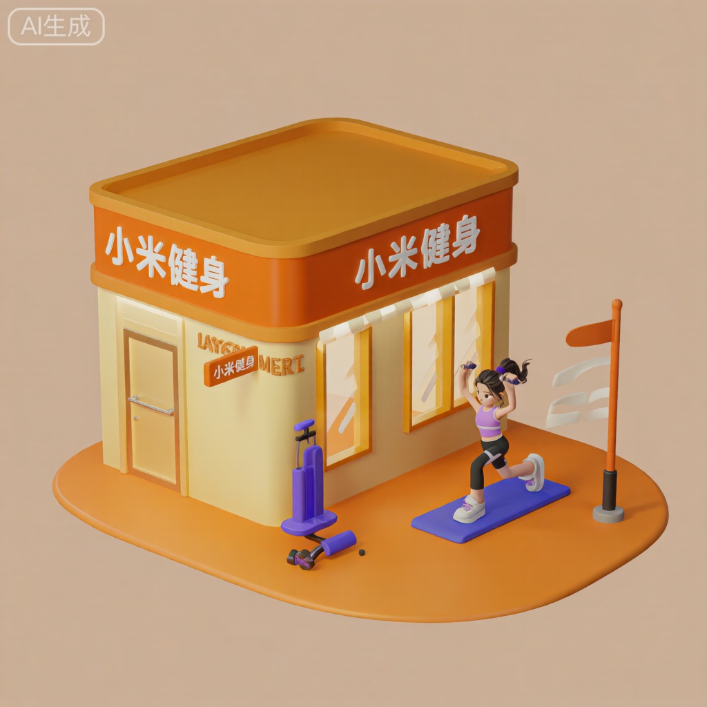 一个健身房,女孩在健身,特写,门头文字"小米健身",广角,俯视感