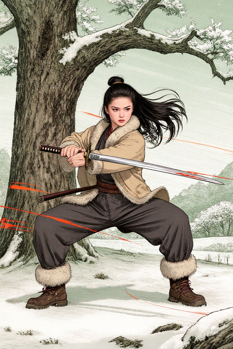Full body,  wide shot. An anime image,  drawn with precise line art and splached colors. In the wind of a cold winter on T...