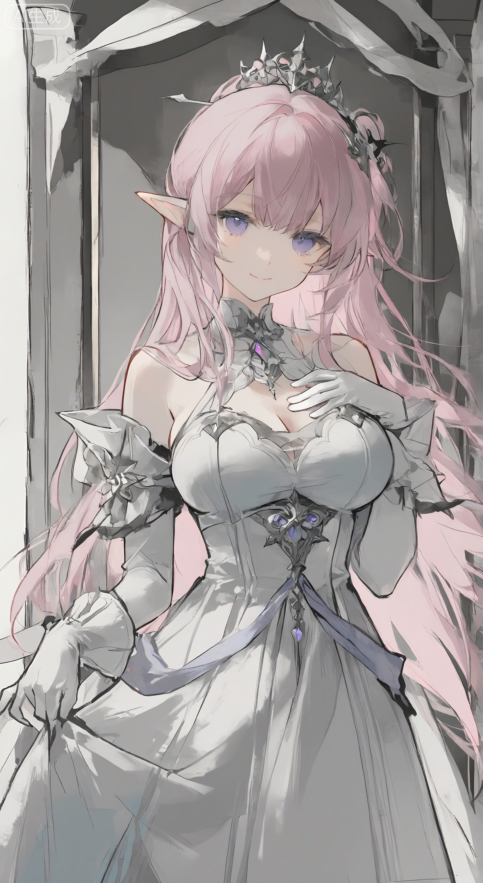 1girl, solo, long hair, breasts, looking at viewer, smile, bangs, large breasts, hair ornament, gloves, dress, cleavage, bare shoulders, closed mouth, purple eyes, pink hair, pointy ears, white gloves, white dress,