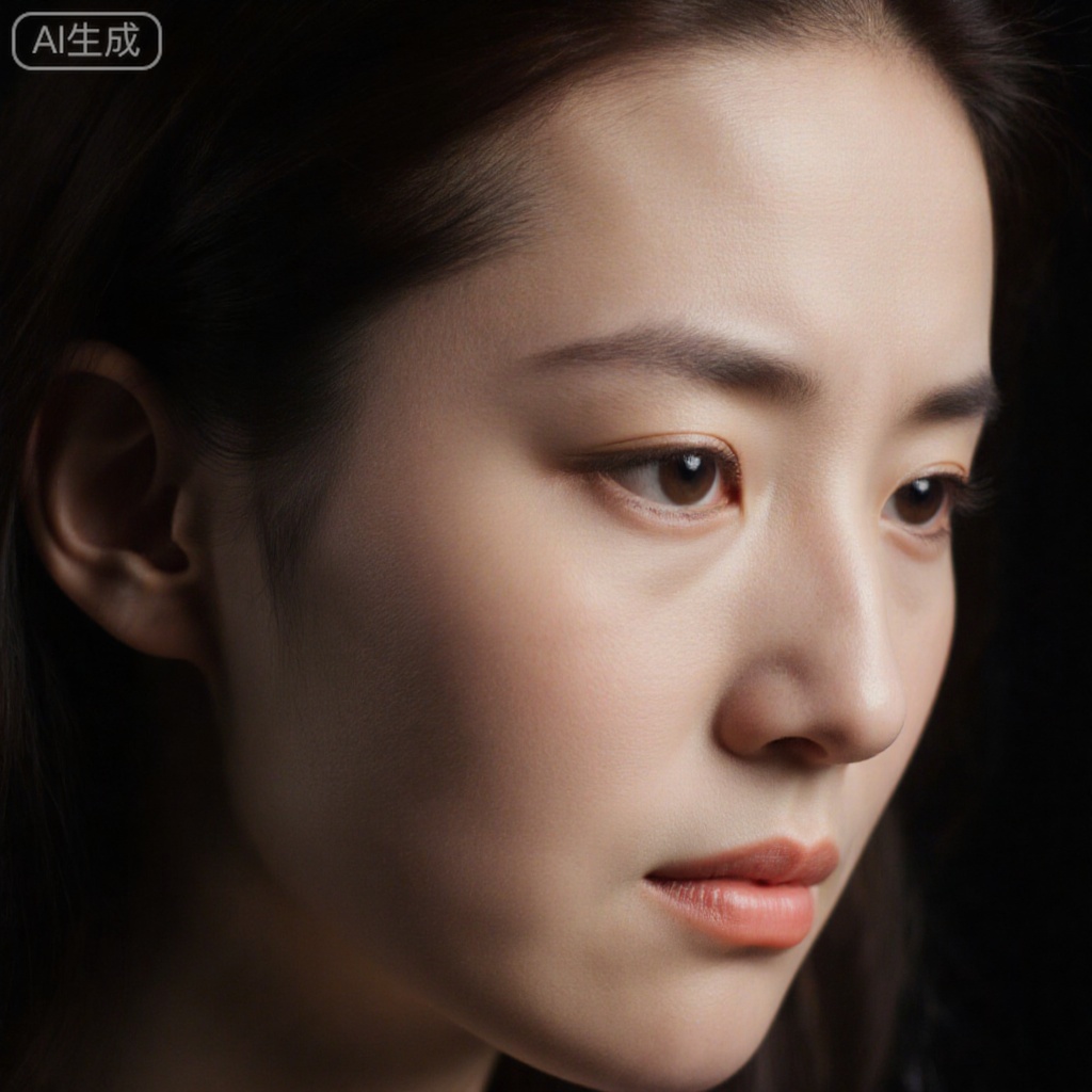 A close-up of a woman's head allows you to see the entire head and facial details of the character, and is shot at a low angle. The woman's eyes were opened, her brows were furrowed, and her lips were closed. adding a touch to the picture. The background is pure black. This image attracts viewers with cinematic footage movement and ultimate skin texture details.