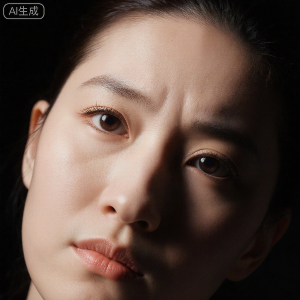 A close-up of a woman's head allows you to see the entire head and facial details of the character, and is shot at a low angle. The woman's eyes were opened, her brows were furrowed, and her lips were closed. adding a touch to the picture. The background is pure black. This image attracts viewers with cinematic footage movement and ultimate skin texture details.