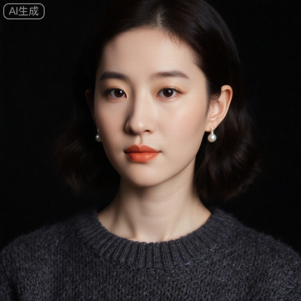Shot by 12K Sony FX9, upper body composition (above chest to top of the head, characters account for 78% of the picture), Asian women (warm yellow skin, delicate skin on the neck and collarbone, with natural luster). Light makeup details: Use only transparent loose powder to control oil. The lip glaze is a light orange color close to the lip color. Eye makeup has no eye shadow and only inner eyeliner. The face retains natural skin tone. The sexy outfit is a dark gray perspective sweater (the round neck is slightly loose, the fabric is light and skin-permeable, the chest curve is faintly visible, and the cuffs are tightened). The hairstyle is shoulder-length short hair (black hair is slightly curly, the ends of the hair are naturally curled outward, and the top of the skull is not deliberately fluffy), and small pearl earrings (diameter 4mm, no other accessories). The background is a pure black matte background (no reflection, no impurities), with 45° hard light on the right (light outlines the contours of the shoulders, neck and chest, the texture of the sweater is clear, the depression of the clavicle forms a shadow, and one side of the face is lighted and three-dimensional). The texture of the raw pictures highlights the contrast between the pores of the skin and the knitted fabric, and the minimalist style reveals a cold and sexy feeling.