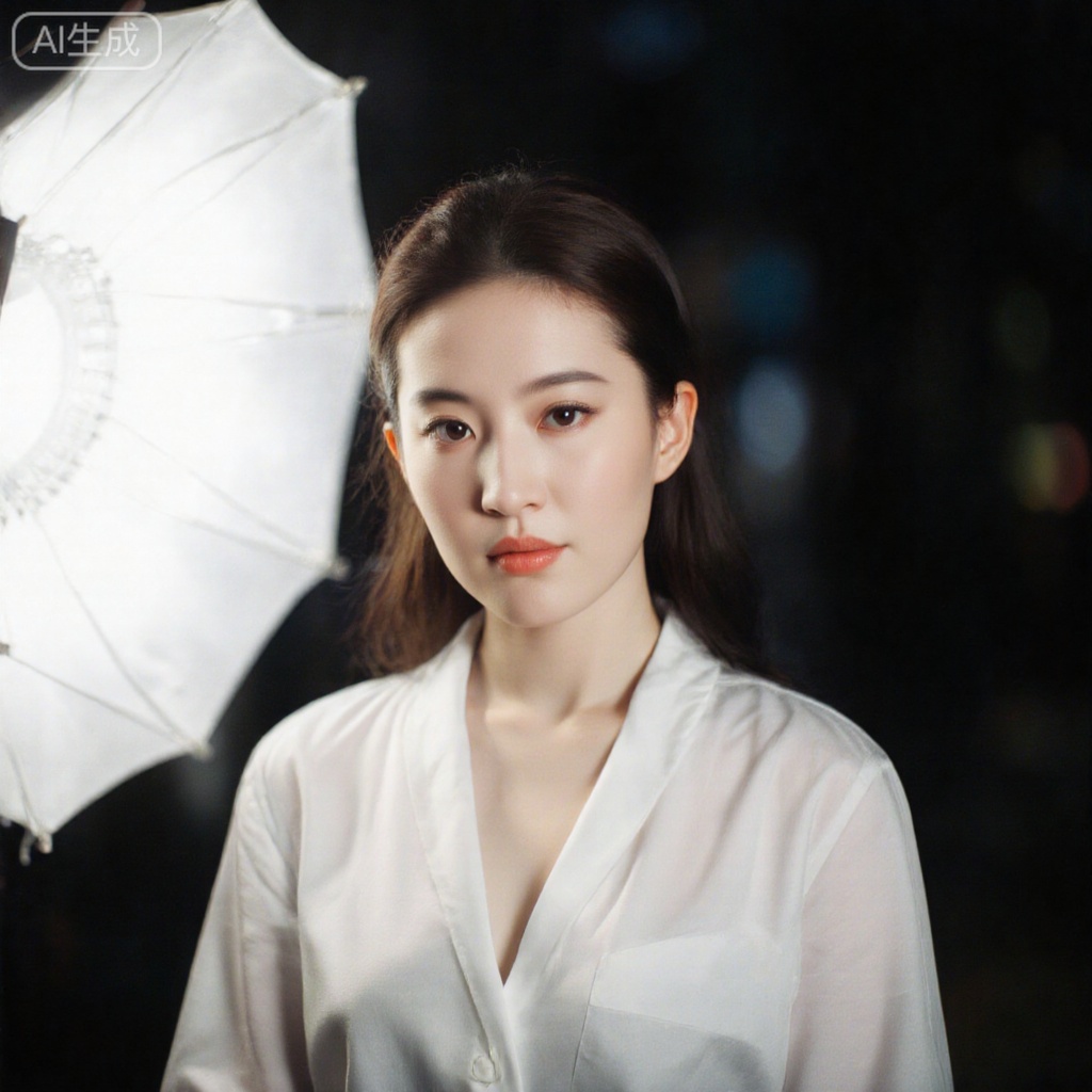 35mm film, one pretty girl, solo, prefect face, makeup, big tits, cleavage, sexy shirt, looking at viewer, bright lights, softbox lighting, upper body, epiCPhoto,
