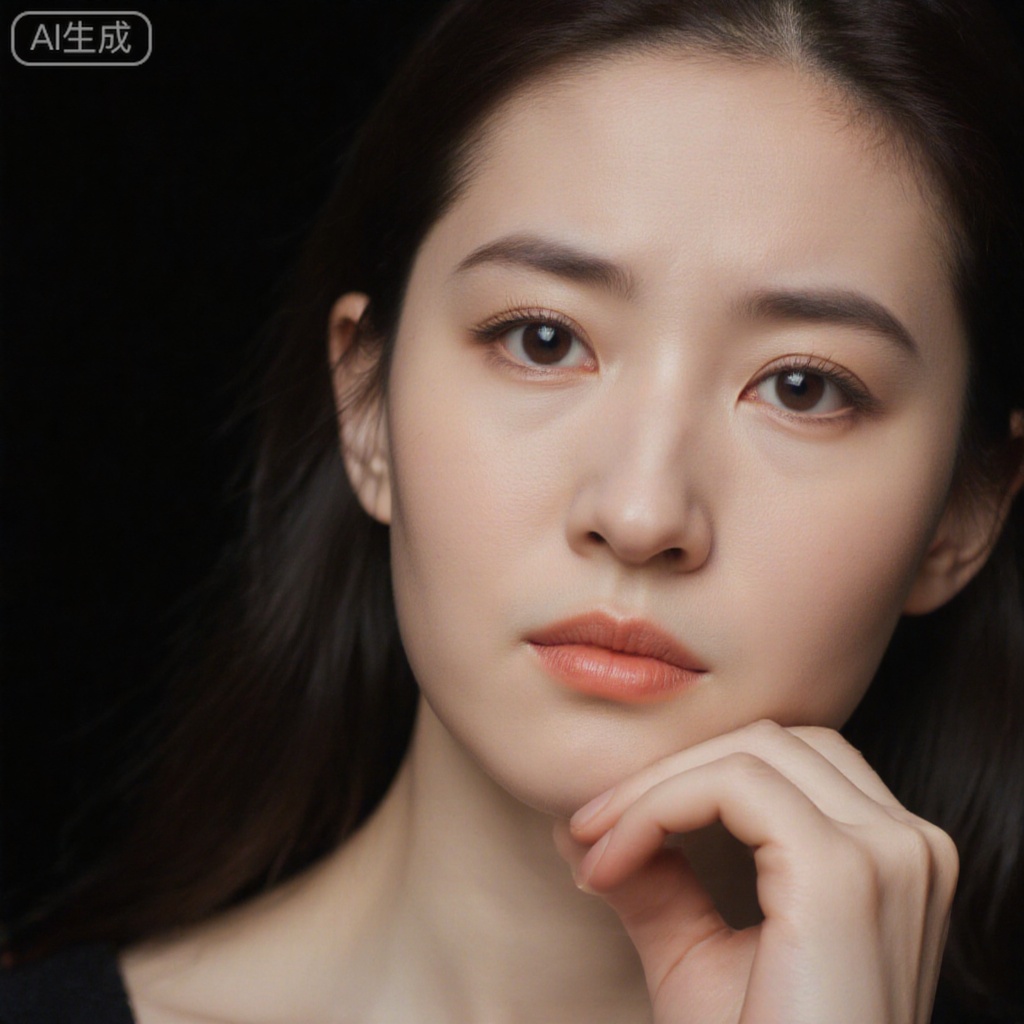 A close-up of a woman's head allows you to see the entire head and facial details of the character, and is shot at a low angle. The woman's eyes were opened, her brows were furrowed, and her lips were closed. Her right hand held her chin, adding a touch to the picture. The background is pure black. This image attracts viewers with cinematic footage movement and ultimate skin texture details.