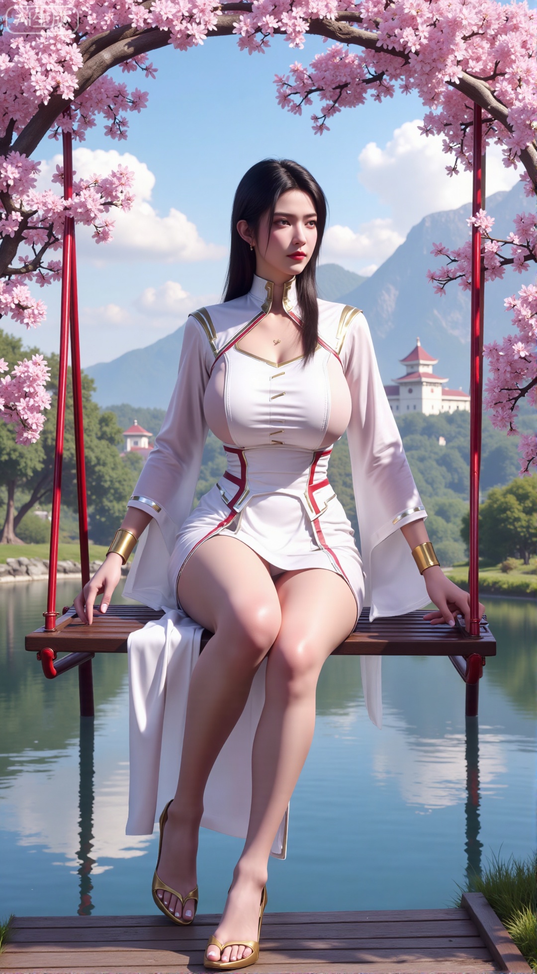 (masterpiece, top quality, best quality, official art, beautiful and aesthetic:1.2),Dynamic posture,(Sitting on the swing:1.39),natural skin texture,(Milky skin:1.2),1gir,solo,long Dress, (Long legs, perfect proportions:1.2),(Sakura, butterfly:1.29),(huge breasts:2.99),(full breasts:2.99),Wisteria, wisteria flowers, castle, waterfall, mountains in the distance,,XbaifengsongyuYH,Xbigbreasts,XliancangH,XzhouzimoH