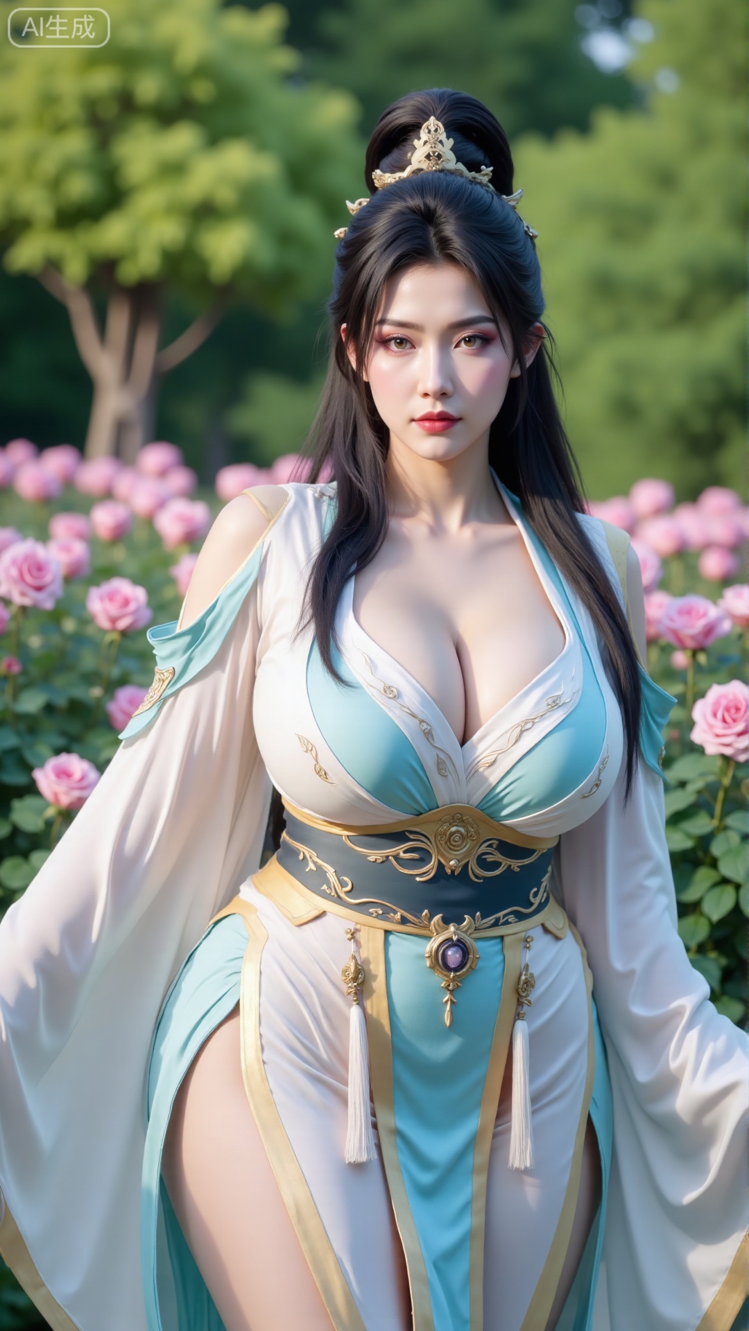 (masterpiece:1.2),best quality,,A woman adorned in traditional Chinese attire,(dress,black long hair),featuring a flowing robe with intricate embroidery and floral accents. A garden filled with pink roses and lush greenery. Soft pastel hues of white,blue,and green,creating a serene atmosphere. Photorealistic photography.,(huge breasts:2.99),(full breasts:2.99),,Xbigbreasts,XbaifengsongyuYH,XzhouzimoH,XliancangH