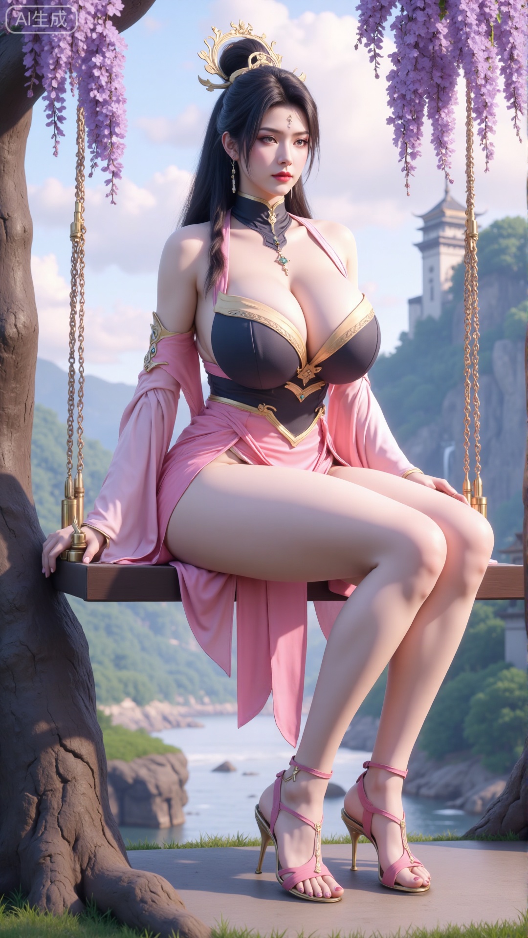 (masterpiece, top quality, best quality, official art, beautiful and aesthetic:1.2),Dynamic posture,(Sitting on the swing:1.39),natural skin texture,(Milky skin:1.2),1gir,solo,long Dress, (Long legs, perfect proportions:1.2),(Sakura, butterfly:1.29),(huge breasts:2.99),(full breasts:2.99),Wisteria, wisteria flowers, castle, waterfall, mountains in the distance,,Xbigbreasts,XbaifengsongyuYH,XzhouzimoH,XliancangH