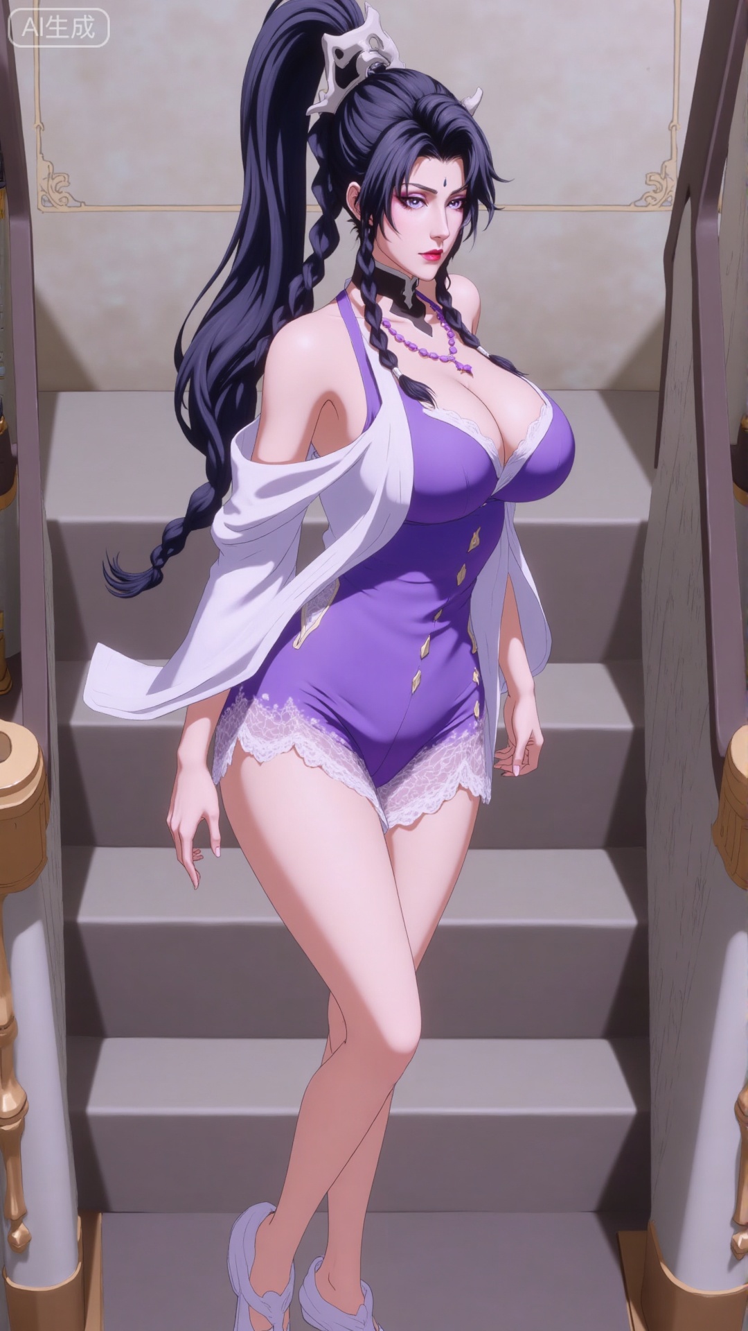 (masterpiece, top quality, best quality1.2),High ponytail, purple pajamas, lace purple pajamas, pajamas, jumpsuit dress, bare legs, wearing white rabbit slippers, wearing white slippers, descending stairs from the 2nd floor, down stairs, stairs, 1girl, solo, long hair, looking at viewer, black hair, hair ornament, purple eyes, ponytail, braid, twin braids, （makeup, red lips,）,(huge breasts:2.99),(full breasts:2.99),,,Xbigbreasts,XbaifengsongyuYH,XzhouzimoH,XliancangH