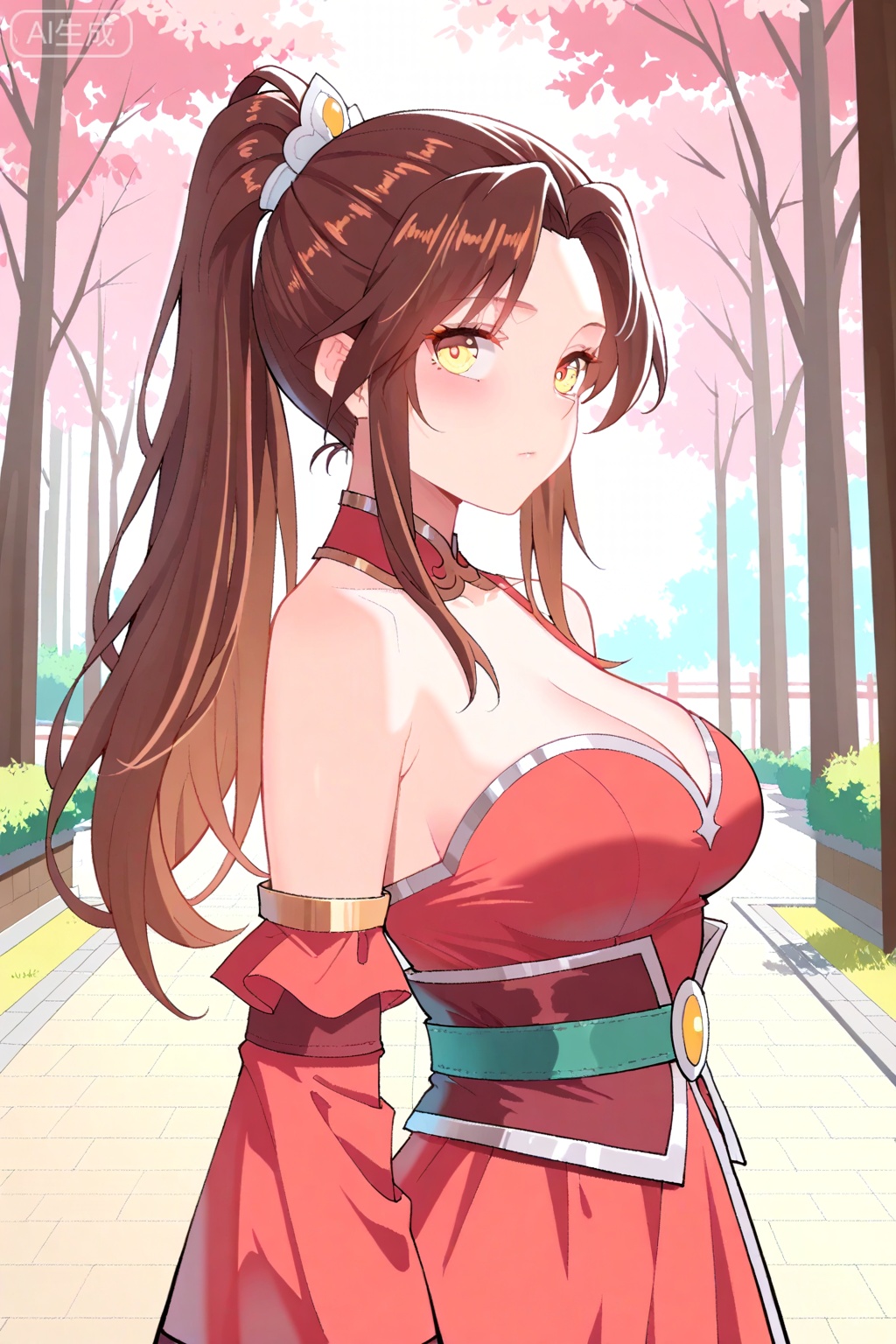 best quality,amazing quality,1girl, solo, long hair, breasts,  brown hair, hair ornament, dress, bare shoulders, yellow eyes, ponytail, detached sleeves, red dress,纳兰梦,