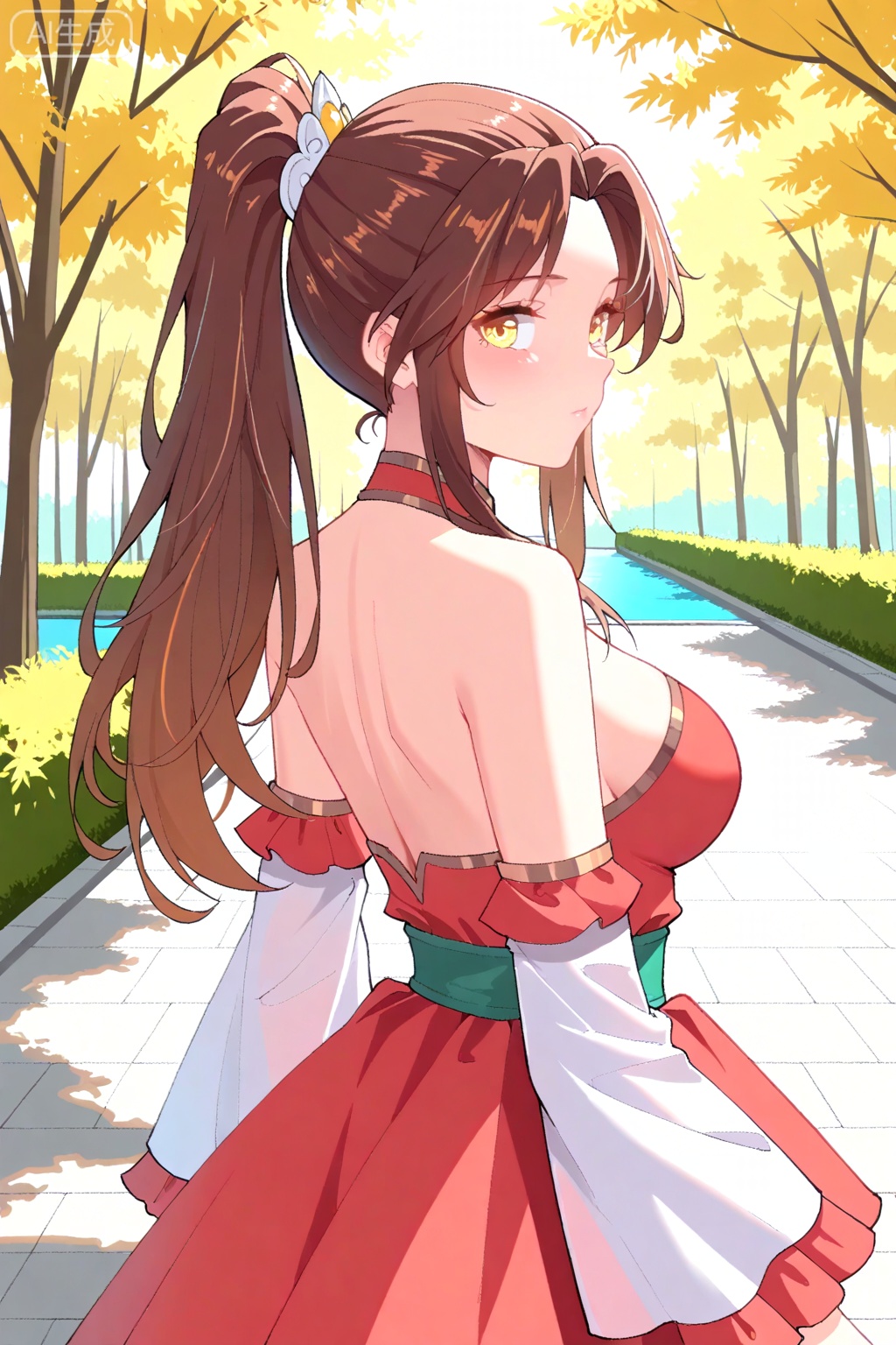 best quality,amazing quality,1girl, solo, long hair, breasts,  brown hair, hair ornament, dress, bare shoulders, yellow eyes, ponytail, detached sleeves, red dress,纳兰梦,