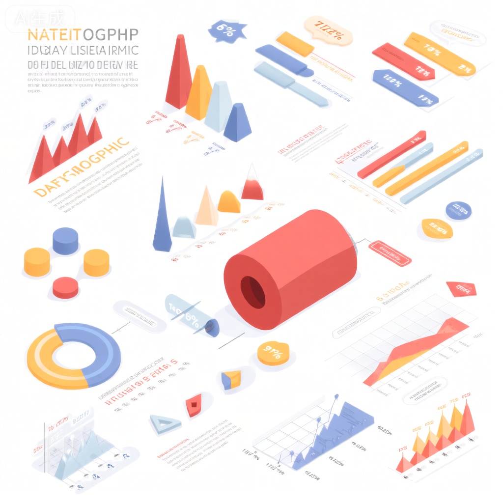 The image is an isometric infographic featuring various geometric shapes and charts. It includes a large red cylinder in the center, surrounded by smaller circular and triangular shapes. There are also several bar graphs, pie charts, and line graphs, each with distinct colors and labels. The infographic contains text in both English and Russian, providing information about percentages and percentages of data. The background is white, and the overall design is clean and organized, with a focus on the visual elements.,数据可视化