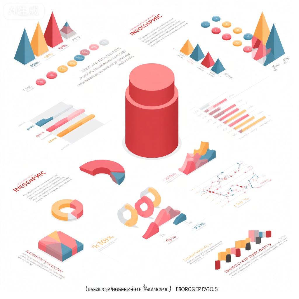 The image is an isometric infographic featuring various geometric shapes and charts. It includes a large red cylinder in the center, surrounded by smaller circular and triangular shapes. There are also several bar graphs, pie charts, and line graphs, each with distinct colors and labels. The infographic contains text in both English and Russian, providing information about percentages and percentages of data. The background is white, and the overall design is clean and organized, with a focus on the visual elements.,数据可视化