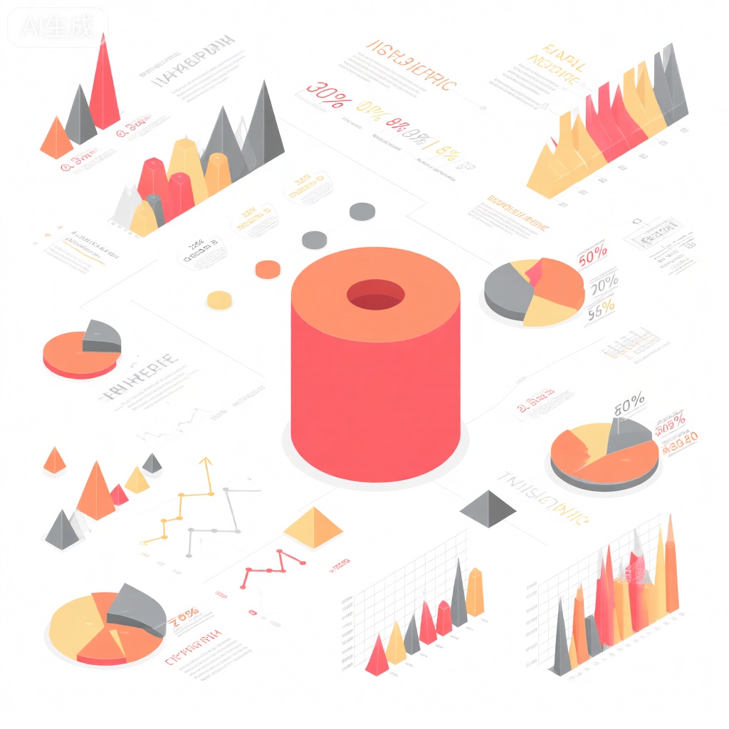 The image is an isometric infographic featuring various geometric shapes and charts. It includes a large red cylinder in the center, surrounded by smaller circular and triangular shapes. There are also several bar graphs, pie charts, and line graphs, each with distinct colors and labels. The infographic contains text in both English and Russian, providing information about percentages and percentages of data. The background is white, and the overall design is clean and organized, with a focus on the visual elements.,数据可视化
