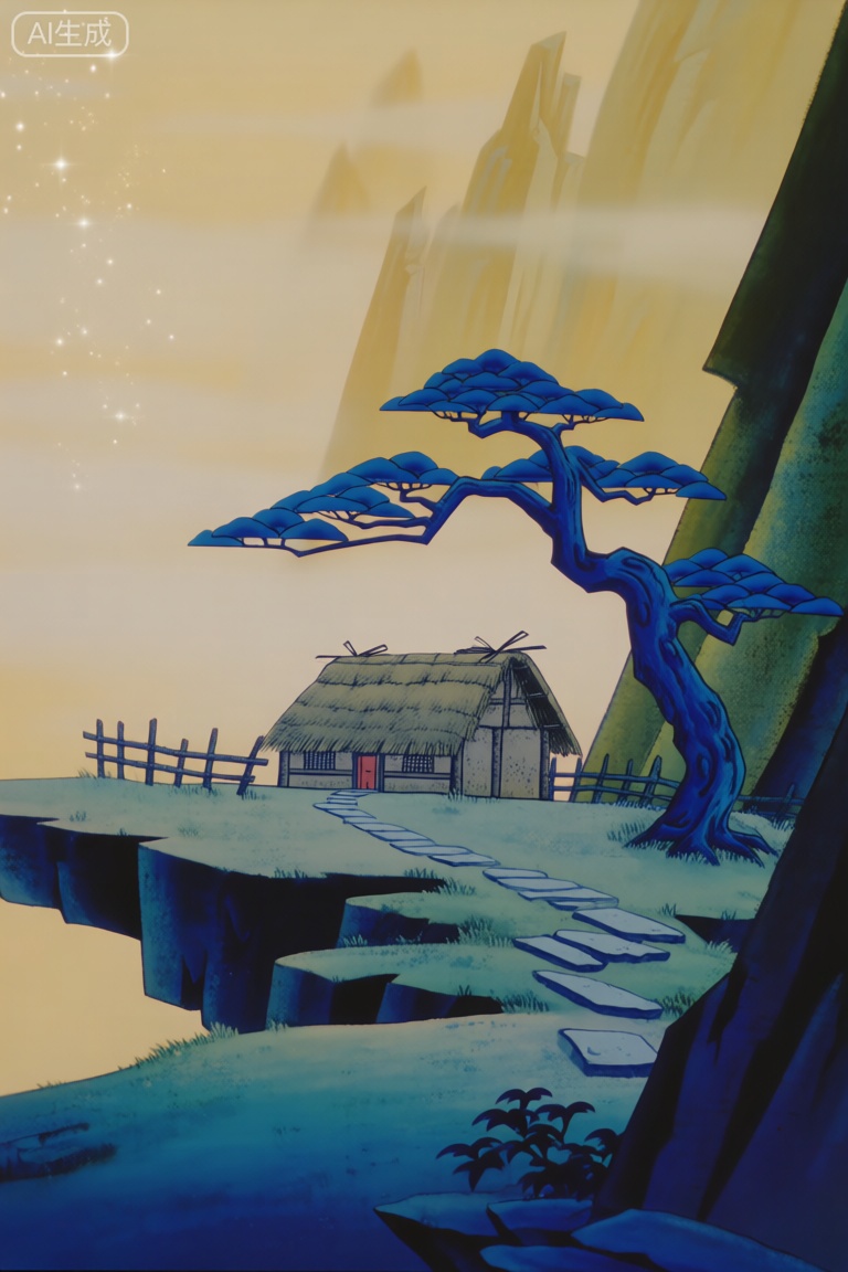 这是国产经典动画《葫芦兄弟》中的场景,画面里,悬崖边缘坐落着一间茅草屋,屋顶铺着茅草,屋旁竖着木栅栏,一条石板小径蜿蜒而出。一棵造型苍劲的蓝色松树生长于此,枝丫舒展。远处群山在淡黄色的雾气笼罩下,若隐若现,左上角还有闪耀的光点,整个场景充满神秘的东方韵味,以剪纸动画的独特风格,展现出宁静又奇幻的氛围。