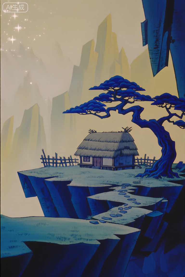 这是国产经典动画《葫芦兄弟》中的场景,画面里,悬崖边缘坐落着一间茅草屋,屋顶铺着茅草,屋旁竖着木栅栏,一条石板小径蜿蜒而出。一棵造型苍劲的蓝色松树生长于此,枝丫舒展。远处群山在淡黄色的雾气笼罩下,若隐若现,左上角还有闪耀的光点,整个场景充满神秘的东方韵味,以剪纸动画的独特风格,展现出宁静又奇幻的氛围。