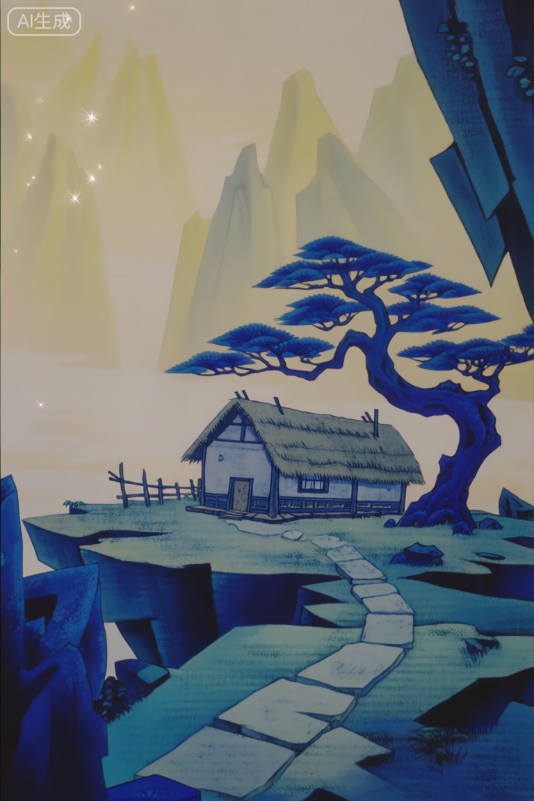 这是国产经典动画《葫芦兄弟》中的场景,画面里,悬崖边缘坐落着一间茅草屋,屋顶铺着茅草,屋旁竖着木栅栏,一条石板小径蜿蜒而出。一棵造型苍劲的蓝色松树生长于此,枝丫舒展。远处群山在淡黄色的雾气笼罩下,若隐若现,左上角还有闪耀的光点,整个场景充满神秘的东方韵味,以剪纸动画的独特风格,展现出宁静又奇幻的氛围。