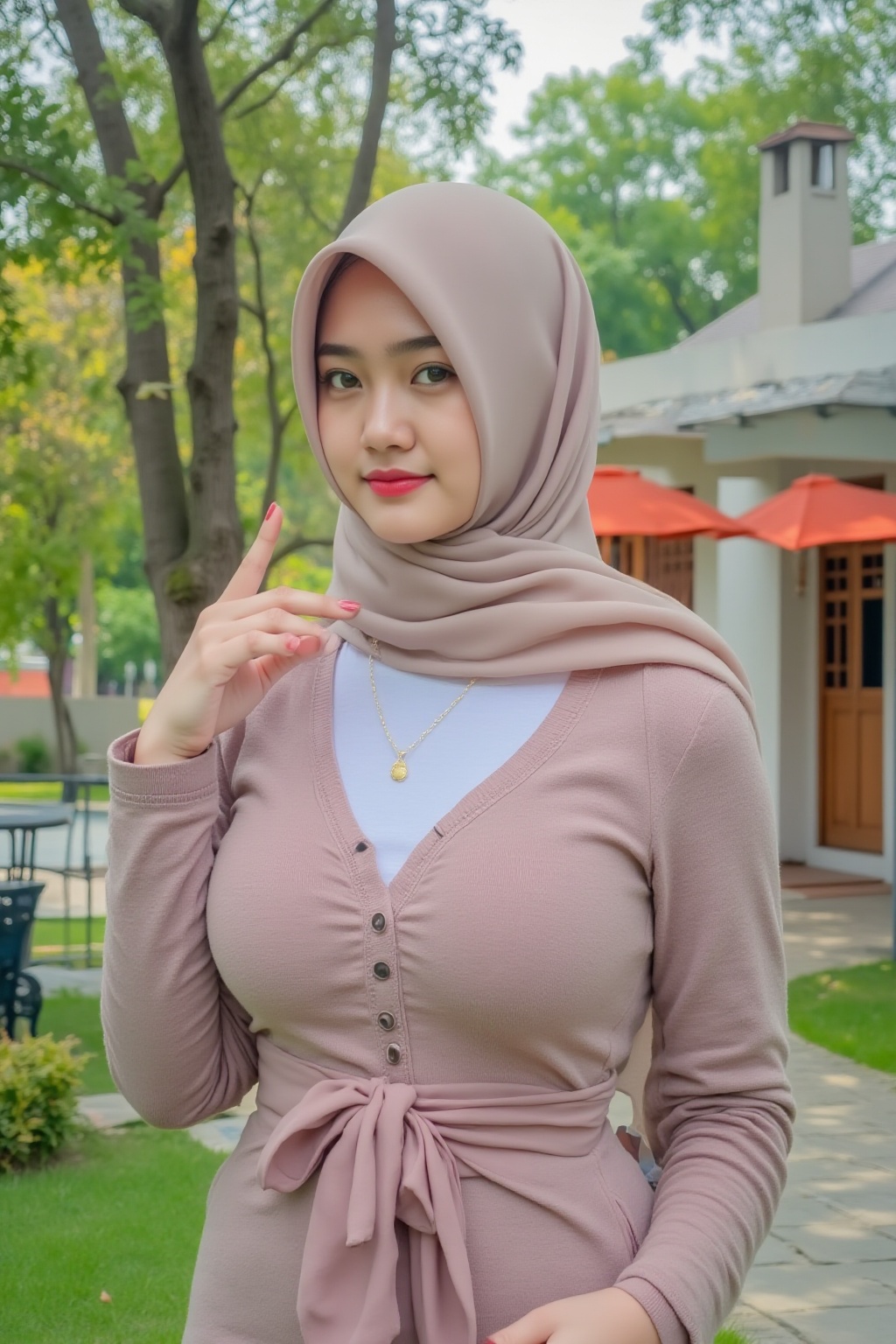 beautiful hijab girl are posing at front of house at the park.,  REAL,  gigantic breasts on Tensor.Art