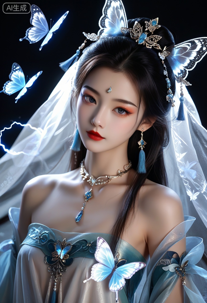 score_9, score_8_up, score_7_up, source_anime, 1girl,solo,long hair,breasts,black hair,bare shoulders,jewelry,earrings,necklace,glowing,black theme,realistic,Black background,white lightning,Close-up details,mouth veil,butterfly,silk,hanfu, eyelashes,makeup,lipstick,tassel,pale skin,light eyeshadow,makeup,translucent,realistic,high detailed skin,detailed skin, highly detailed,ultra-high resolution,32K UHD,sharp focus,best-quality,masterpiece,golden hour,unconventional supreme masterpiece,masterful details,temperate atmosphere,with a high-end texture,in the style of fashion photography,Dynamic Angle,Dynamic posture