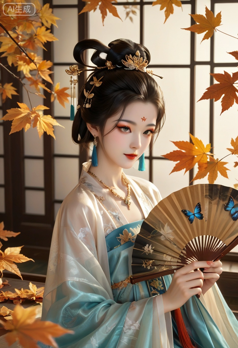 score_9,score_8_up,score_7_up,source_anime,1girl,solo,black hair,hair ornament,long sleeves,holding,jewelry,earrings,necklace,hair bun,mole,looking to the side,leaf,facial mark,chinese clothes,single hair bun,bug,butterfly,hand fan,forehead mark,folding fan,hair stick,holding fan,maple leaf,hanfu,,eyelashes,makeup,lipstick,tassel,pale skin,light eyeshadow,makeup,translucent,realistic,high detailed  skin,(detailed skin:1.1),highly detailed,ultra-high resolution,32K UHD,sharp focus,best-quality,masterpiece,golden hour,unconventional supreme masterpiece,masterful details,temperate atmosphere,with a high-end texture,in the style of fashion photography,Dynamic Angle,(Dynamic posture:1.1),