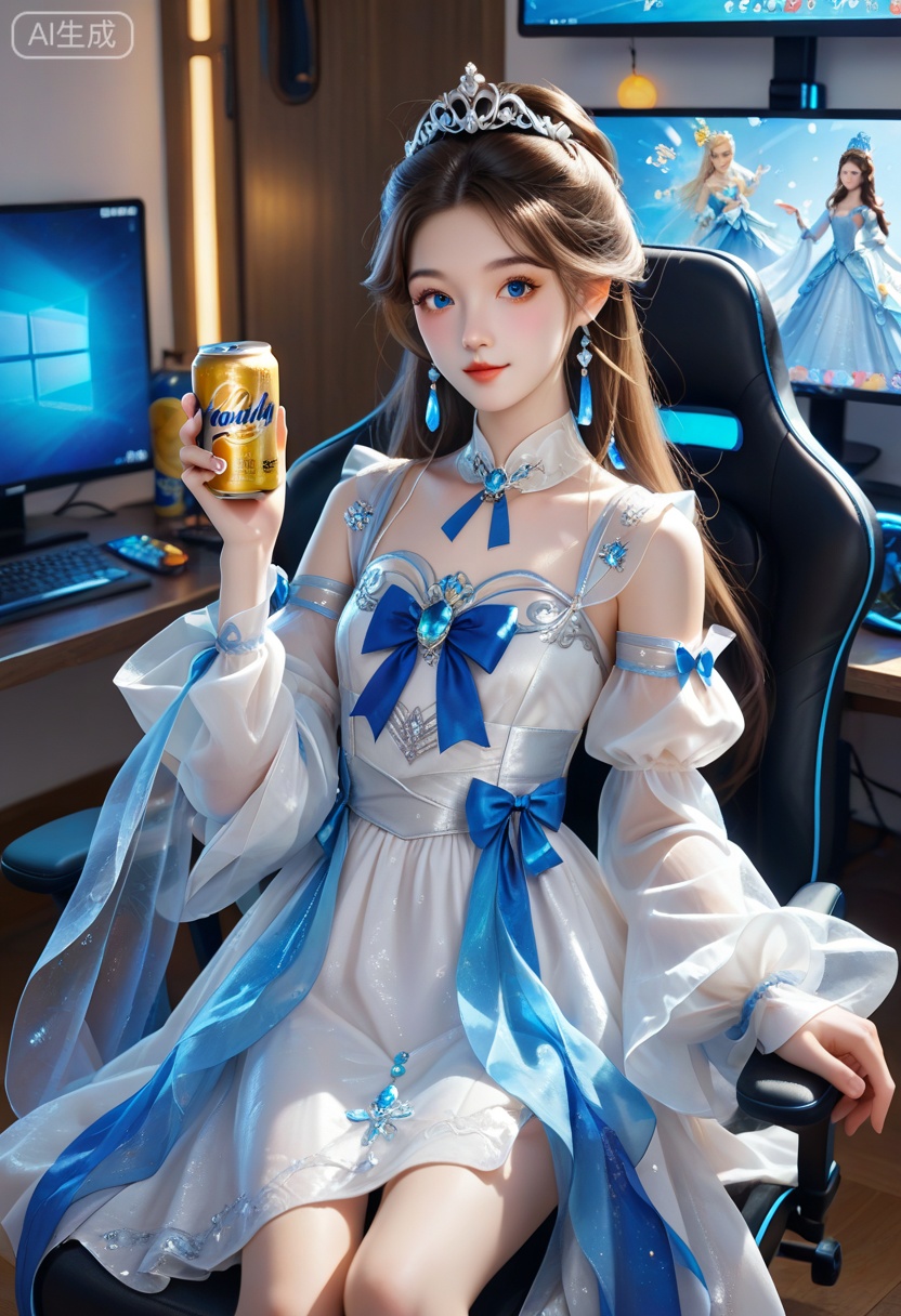 score_9,score_8_up,score_7_up,source_anime,1girl,brown hair,long hair,straight hair,silver tiara,blue gemstone earrings,blue eyes,blush stickers,drunk,(open mouth:0.4),white dress,princess dress,flowing dress,waist ribbon blue ribbon,blue bow,detached sleeves,juliet sleeves,see-through clothes,transparent clothes,cowboy shot,(holding yellow can),hand on leg interior,bedroom background,depth of field,gaming chair,computer,