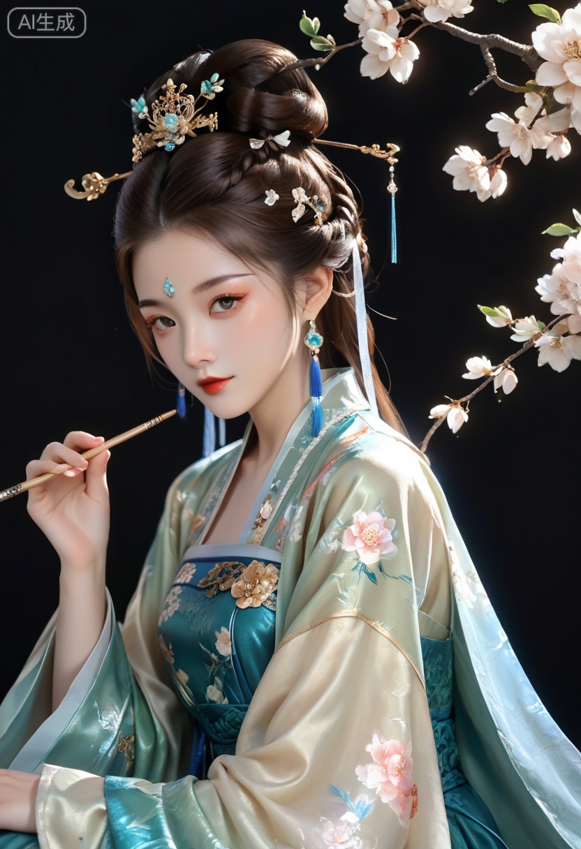 score_9,score_8_up,score_7_up,solo,1girl,long_hair,hair_ornament,black_hair,chinese_clothes,jewelry,dress,earrings,long_sleeves,realistic,black_eyes,brown_hair,hair_stick,blue_dress,braid,mole,mole_under_eye,half_updo,skirt,green_dress,ribbon,sitting,floral_print,hair_bun,hanfu,wide_sleeves,fair_skin,white_skin,shiny_skin,Ivory_skin,solo focus,(perfect_face:1.2),(perfect_anatomy:1.1),(upper_body:1.2),(portrait:1.1),large breasts,(simple background,pure black background,black background:1.1),
