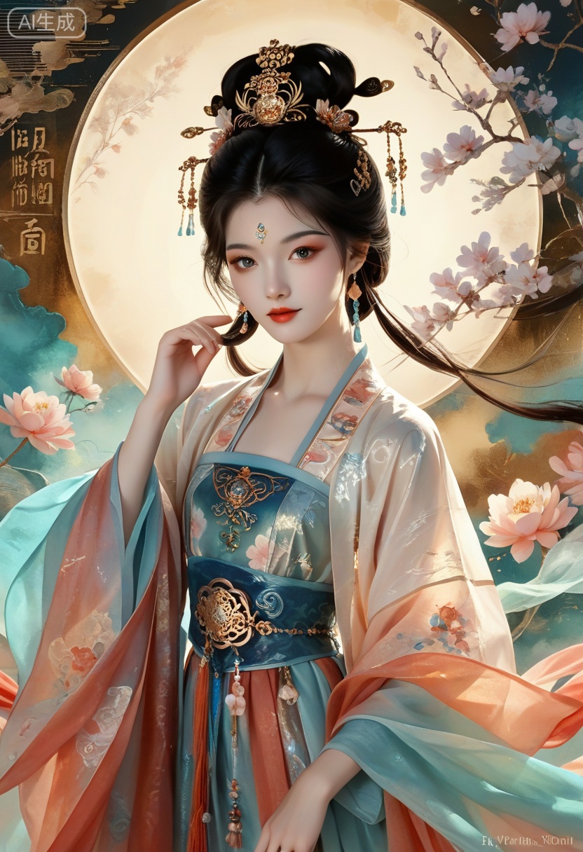 score_9,score_8_up,score_7_up,1 girl,a beautiful woman with an ancient style,dressed in Tang style clothing with a luxurious texture and bright colors. New Chinese style portrait photography,with a gradient watercolor background and high-definition large images,