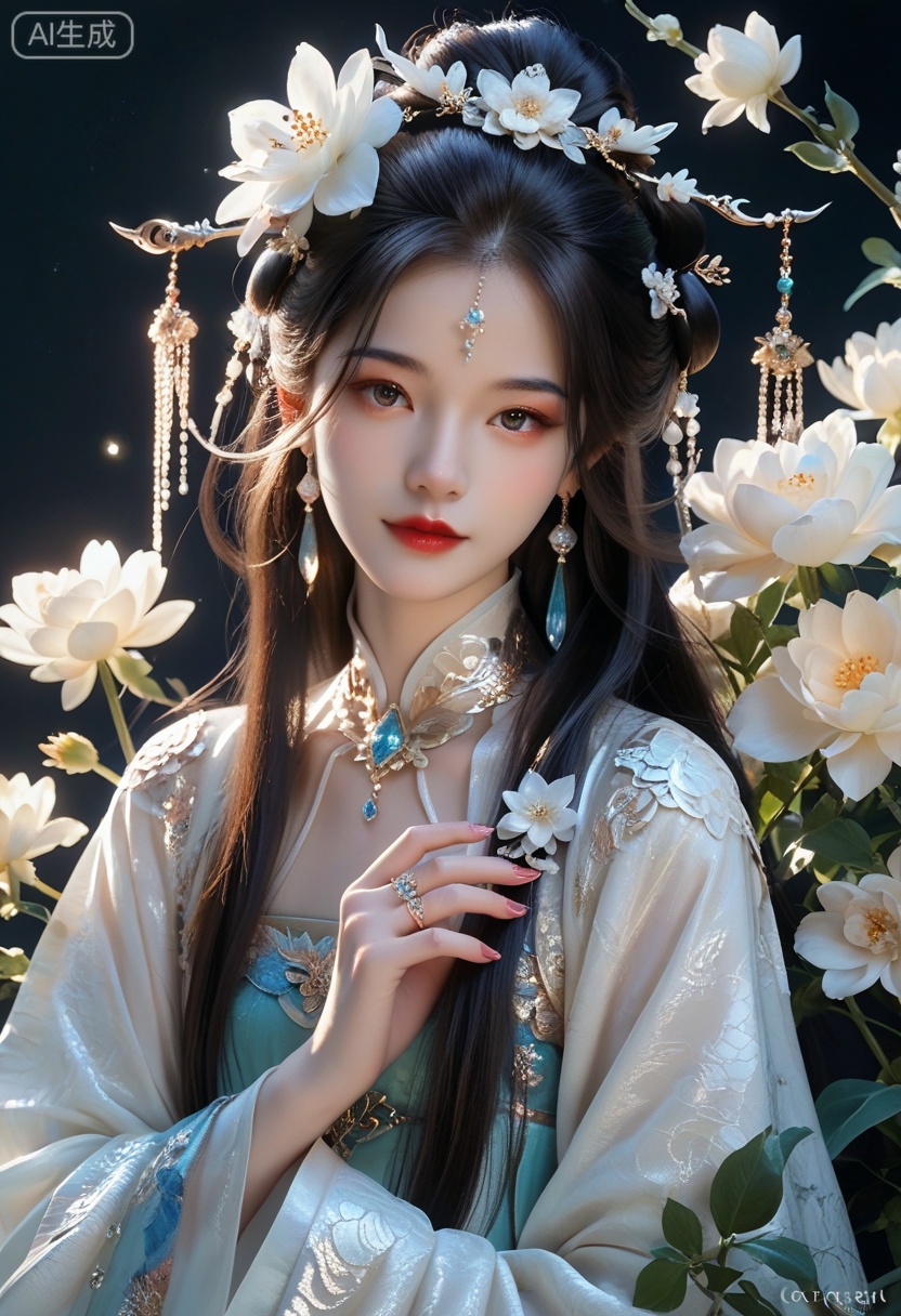 core_9,score_8_up,score_7_up,dragon,flower,jewelry,earrings,hair ornament,black hair,hair flower,looking at viewer,glowing,solo,ring,long hair,realistic,red lips,long sleeves,white flower,scales