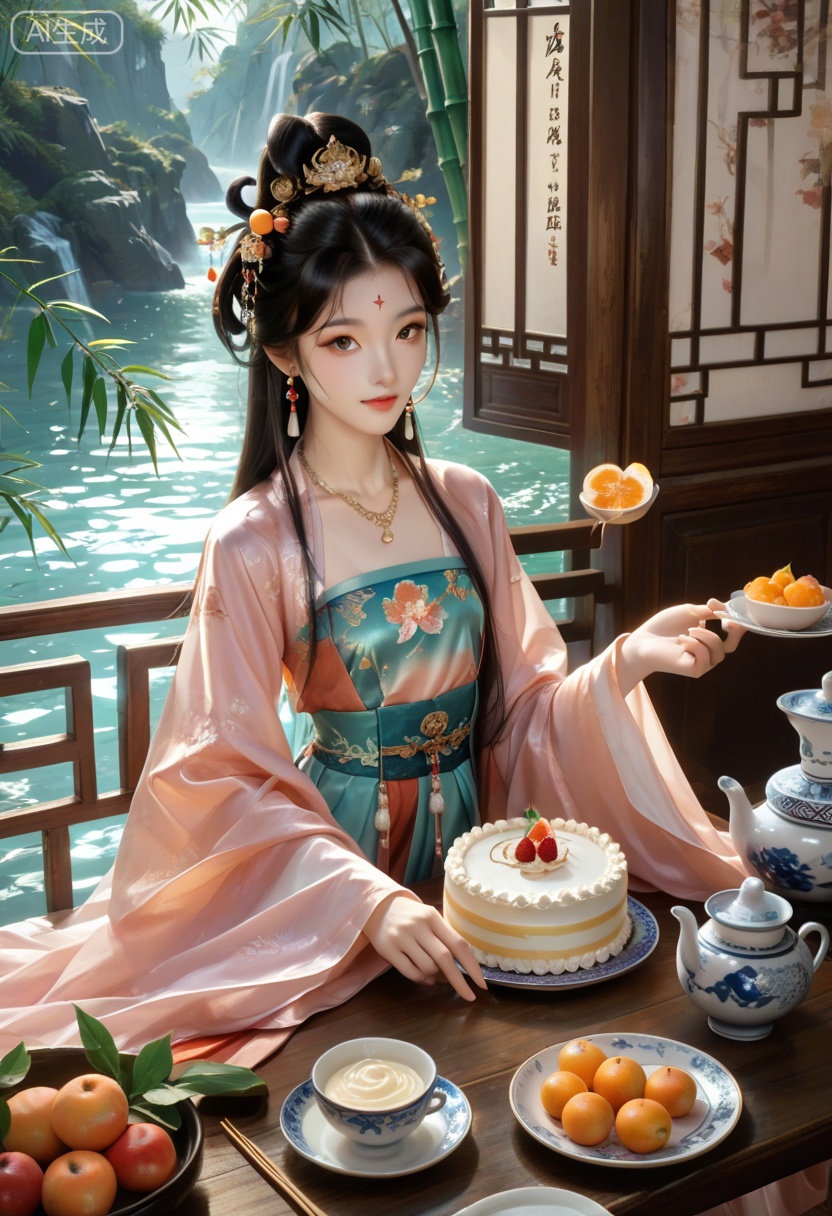score_9, score_8_up, score_7_up,gufengnvzhu,gufengnvzhu,1girl,hanfu,table,chinese clothes,sitting,necklace,food,solo,jewelry,long hair,hair ornament,bamboo,black hair,long sleeves,dress,plate,forehead mark,fruit,facial mark,water,cake,earrings,