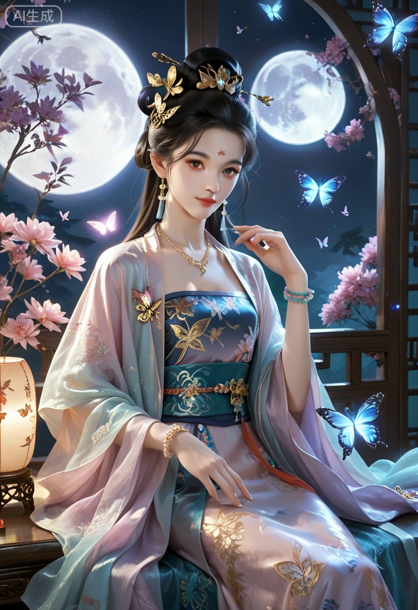 score_9,score_8_up,score_7_up,1girl,bug,jewelry,butterfly,earrings,hair ornament,necklace,dress,tulle,black hair,sitting,chinese clothes,solo,beads,glowing butterfly,hair bun,long hair,bracelet,looking at viewer,forehead mark,shawl,moon,sash,