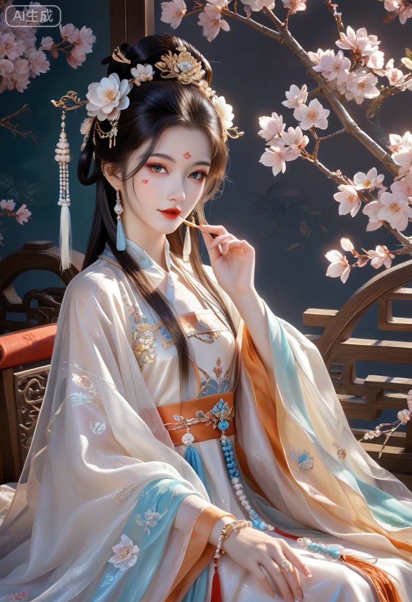 score_9,score_8_up,score_7_up,source_anime,XUER gufeng,1girl,solo,long hair,looking at viewer,black hair,hair ornament,long sleeves,dress,jewelry,sitting,upper body,flower,earrings,hair flower,hair bun,white dress,bracelet,facial mark,chinese clothes,tassel,beads,branch,string,,eyelashes,makeup,lipstick,tassel,pale skin,light eyeshadow,makeup,translucent,realistic,high detailed  skin,(detailed skin:1.1),highly detailed,ultra-high resolution,32K UHD,sharp focus,best-quality,masterpiece,golden hour,unconventional supreme masterpiece,masterful details,temperate atmosphere,with a high-end texture,in the style of fashion photography,Dynamic Angle,(Dynamic posture:1.1),