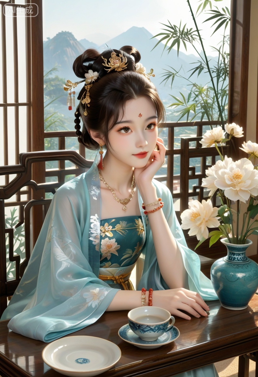 (score_9:1.1),,1girl,jewelry,sitting,hair ornament,table,chinese clothes,earrings,solo,hanfu,necklace,bracelet,beads,chair,yellow hanfu,black hair,hair bun,window,forehead mark,cup,brown hair,bamboo,closed mouth,single hair bun,vase,hand_on_own_chin,from_above,head rest,