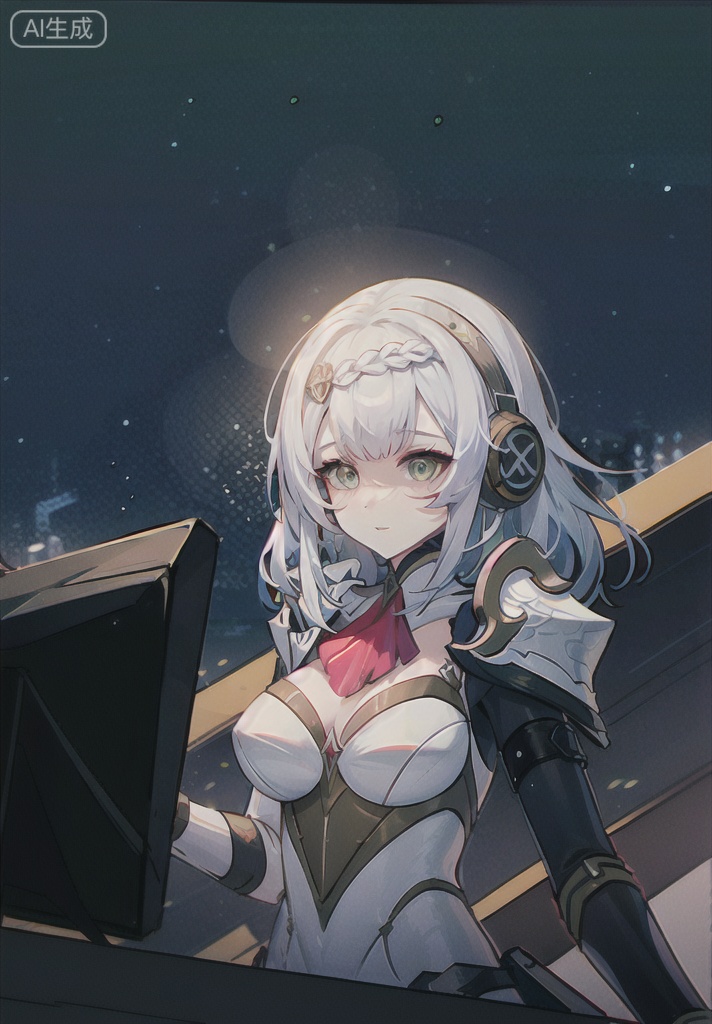 1 Girl, white skin, long hair with slight curls, detailed beautiful big eyes, exquisite features, features details, futuristic fashion cool clothes, cool headphones, perfect body, long legs, esports competition, esports, computer, games, audience, big screen,