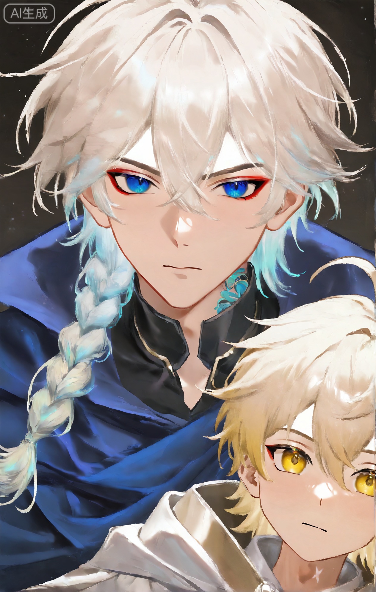 2boys,mydei,1boy,blonde hair,red hai,gradient hair,medium hair,hair between eyes,braid,eyeliner,yellow eyes,phainon,1boy,white hair,blue eyes,blue eyes,short hair,ahoge,hair between eyes,neck tattoo,blue cape,xiaozhitiao