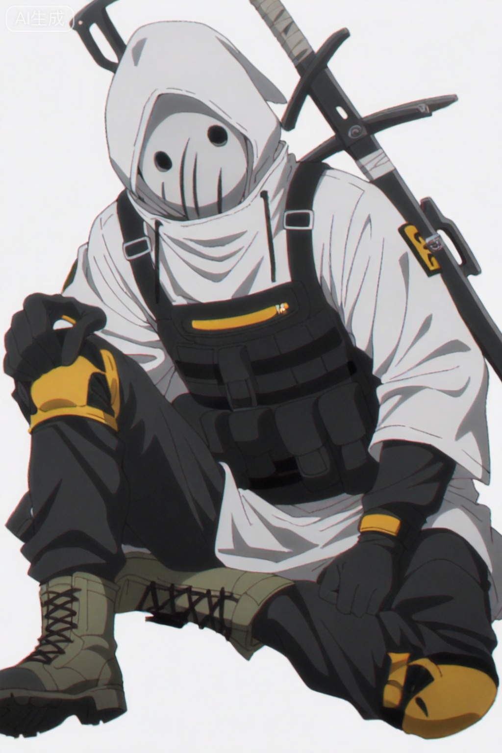 masterpiece, best quality,solo,((white background:1.2)),simple background,
looking at viewer,Reunion Movement uniform,logo,arm wrap,short sleeves,armor,black pants,white hooded jacket,gloves,weapon,boots,hood up,mask,knife,knee pads,tactical clothes,bulletproof vest