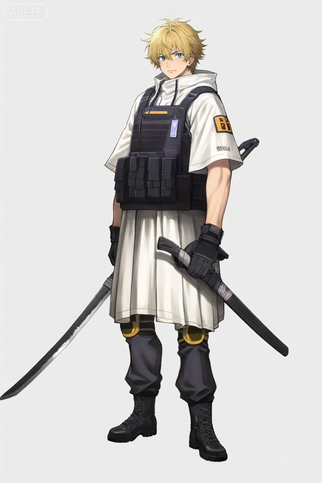 masterpiece, best quality,solo,((white background:1.2)),simple background,1boy
looking at viewer,Reunion Movement uniform,logo,arm wrap,short sleeves,armor,black pants,white hooded jacket,gloves,weapon,boots,hood down,knee pads,tactical clothes,bulletproof vest