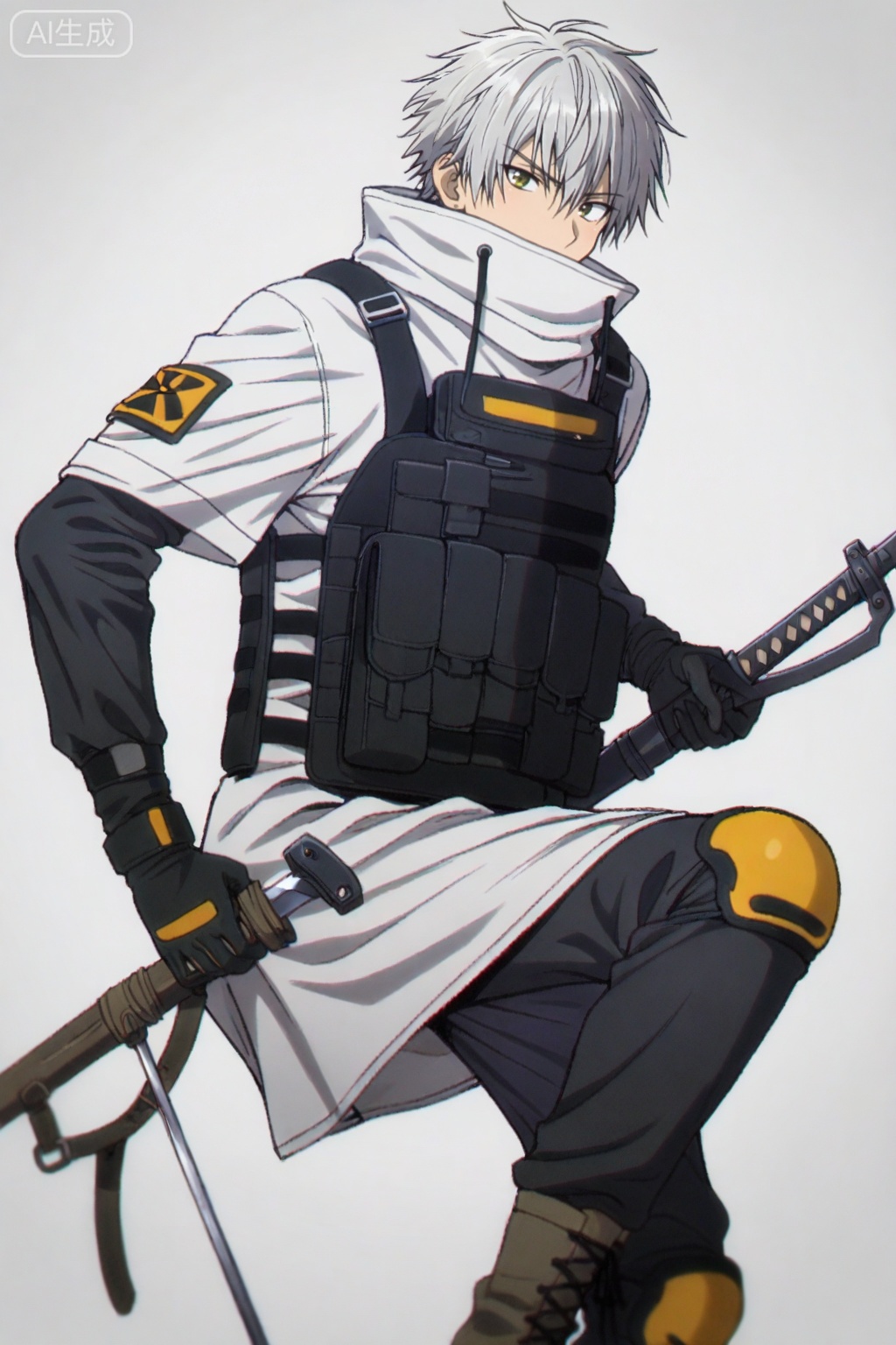 masterpiece, best quality,solo,((white background:1.2)),simple background,1boy
looking at viewer,Reunion Movement uniform,logo,arm wrap,short sleeves,armor,black pants,white hooded jacket,gloves,weapon,boots,hood down,knee pads,tactical clothes,bulletproof vest