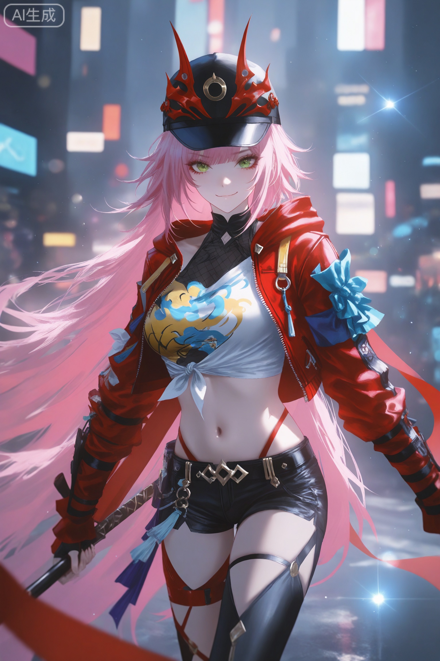 Depth of field,light particles,lens flare,(artist: quasarcake:0.8),extreme aesthetic,(wlop:0.6),wanke,relle,wanke,masterpiece,best quality,good quality,newest,year 2024,year 2023,very aesthetic,absurdres,Visual impact,Electromotive force,perspective composition,a shot with tension,ultra-high resolution,32K UHD,sharp focus,best quality,masterpiece,Emotionalization masterpiece,unconventional supreme,masterful details,with a high-end texture,in the style of fashion photography,(Visual impact:1.2),giving the poster a dynamic and visually striking appearance,impactful picture,official art,colorful,splash of color,movie perspective,masterpiece,best quality,amazing quality,very aesthetic,absurdres,best quality,good,(miurahha, bacius, ririko (fhnngririko):0.4),1girl,black hat,crop top,green eyes,looking at viewer,midriff,navel,pink hair,rappa (honkai: star rail),red jacket,solo,tied shirt,very long hair,white shirt,smile,smug,close-up,dynamic angle,dynamic action,graffiti,street,night,cyberpunk city,slightly blurred background,graffiti effect,ninja,full_shot,looking_at_viewer,dynamic_angle,depth of field,solo_focus,face_focus,eyes_focus,