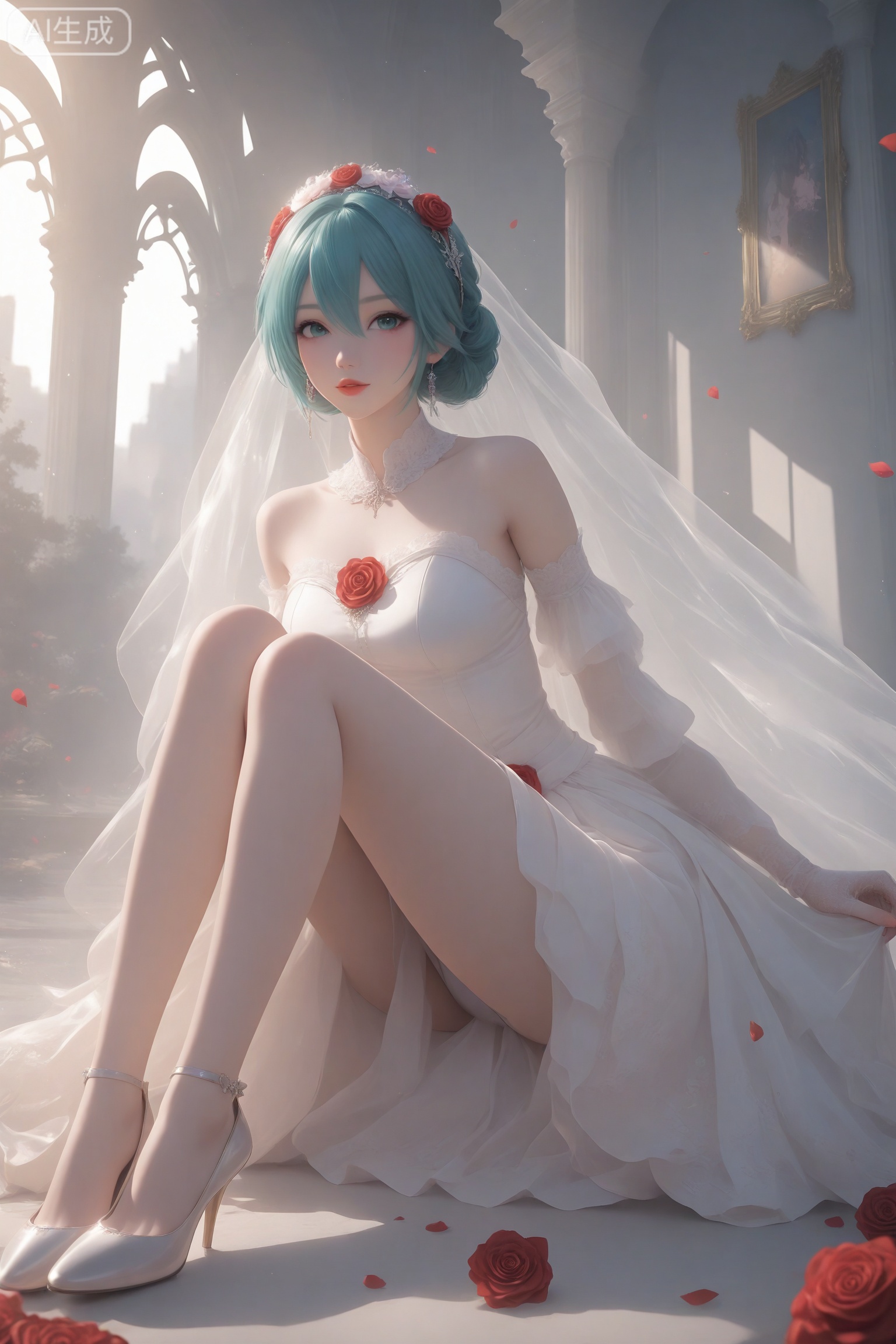 Digital art, illustration, a girl wearing a wedding-themed Lolita dress, lace gloves and high heels, white flowing tail, clothes of Hatsune Miku. Sitting on a crystal throne covered with red roses, the atmosphere resembles that of a girls' manga, exuding a cute and peaceful feeling, a red and black themed, fair skin, smooth skin, rich details, delicate roses.